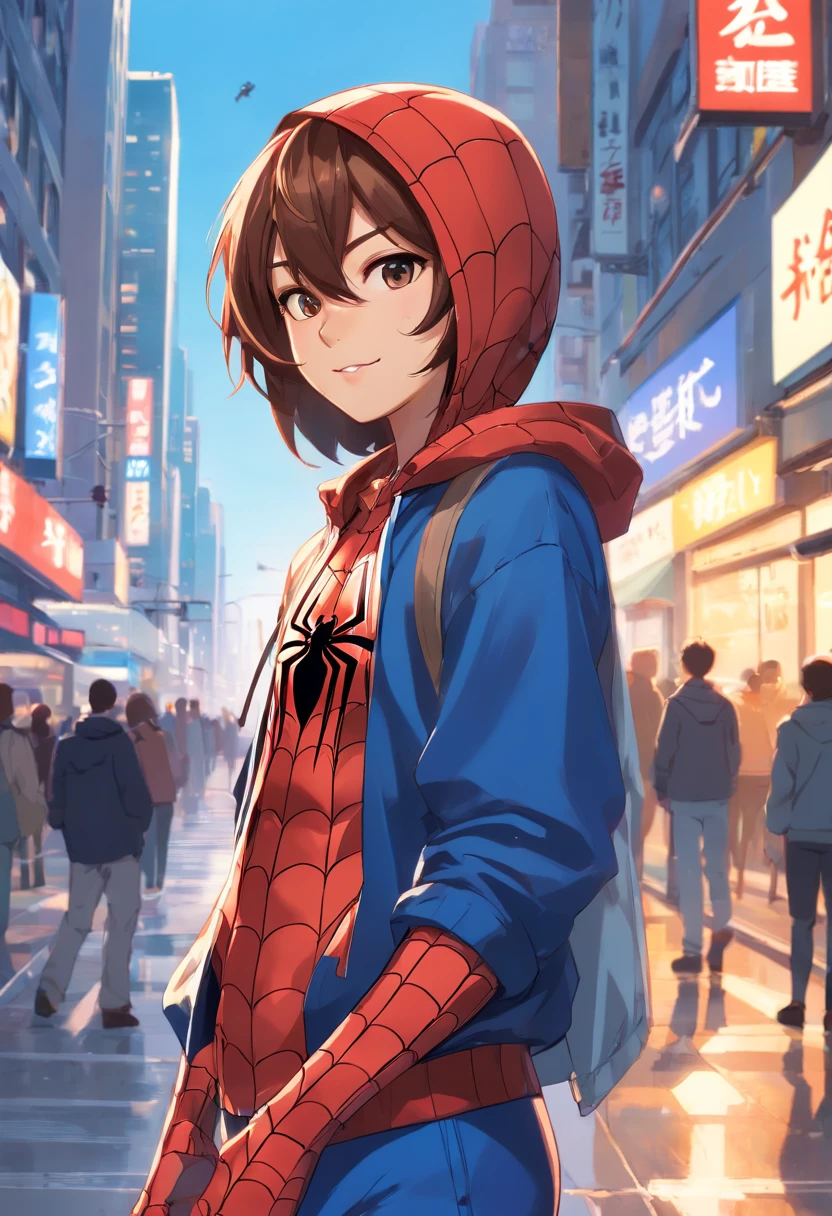 Spider-man, transformed into an anime style, with unique mask features and clothing, standing on a bustling city street, backlit background highlighting the subject, high-contrast colors, 4K high-definition quality，young, smiling, handsome