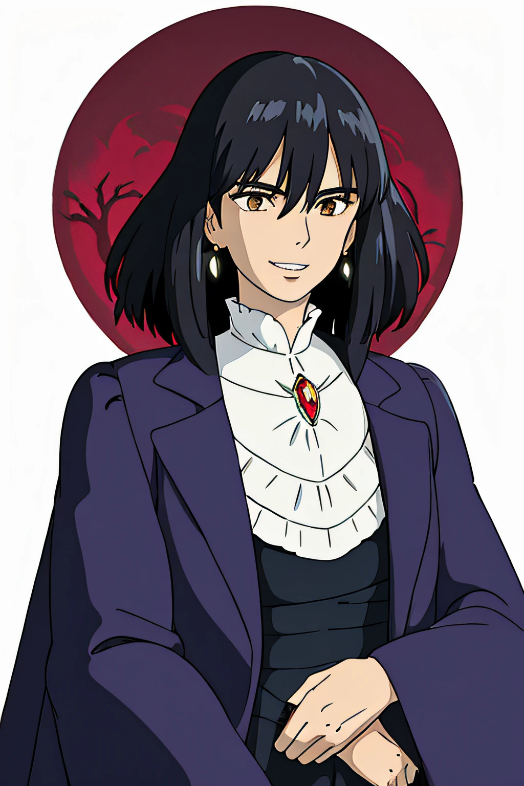 ghibli style, howl \(howl no ugoku shiro\), 1boy, bangs, black hair, blouse, brown eyes, coat, crystal earrings, earrings, hair between eyes, jewelry, long sleeves, looking at viewer, male focus, medium hair, necklace, parted lips, black coat, shirt, smile, solo, white background, black shirt, goth style, vampire, victorian, fangs, lace clothes ((masterpiece))