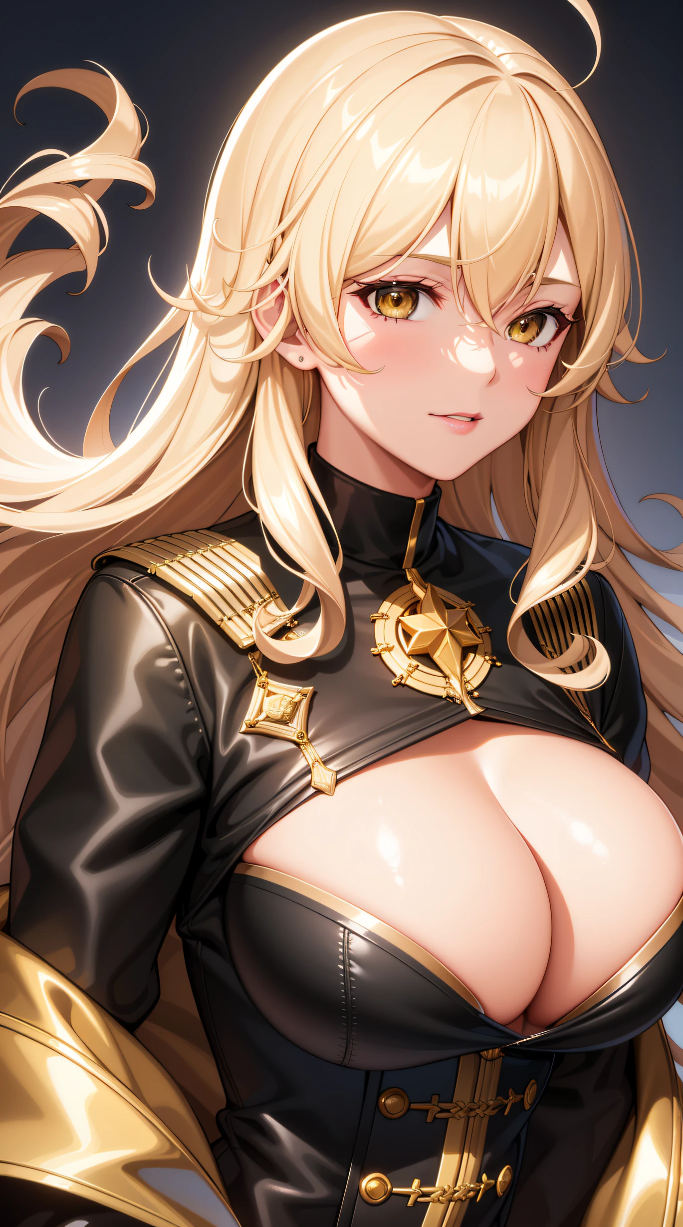 (best quality:1.5, highres, UHD, 4K, detailed lighting, shaders), black wavy hair, large breasts , woman gold jacket, long gold coat, (pov), Portrait, white background