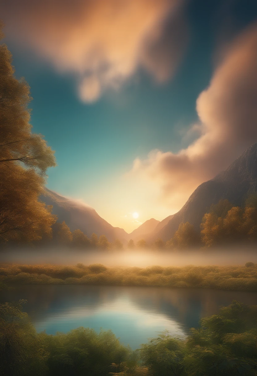 (best quality,4k,8k,highres,masterpiece:1.2),ultra-detailed,(realistic,photorealistic,photo-realistic:1.37),digital,illustration,abstract,gradient color,wavy pattern,smooth texture,surrealism,dreamy atmosphere,soft lighting,soft hues,soft edges,vibrant colors,gradient background,circular shapes,flowing lines,ethereal vibe,layers of depth,magical,transcendent,serene,calm,peaceful,universe,cosmic,touch of mystery,sunrise over mountains,misty clouds floating in the sky,reflection in water,golden rays of sunlight illuminating the scene,subtle shimmering lights,tranquil lake surrounded by lush green trees,gentle breeze rustling the leaves,harmony between nature and technology,intricate details in every element,one-of-a-kind,visually captivating,mesmerizing.