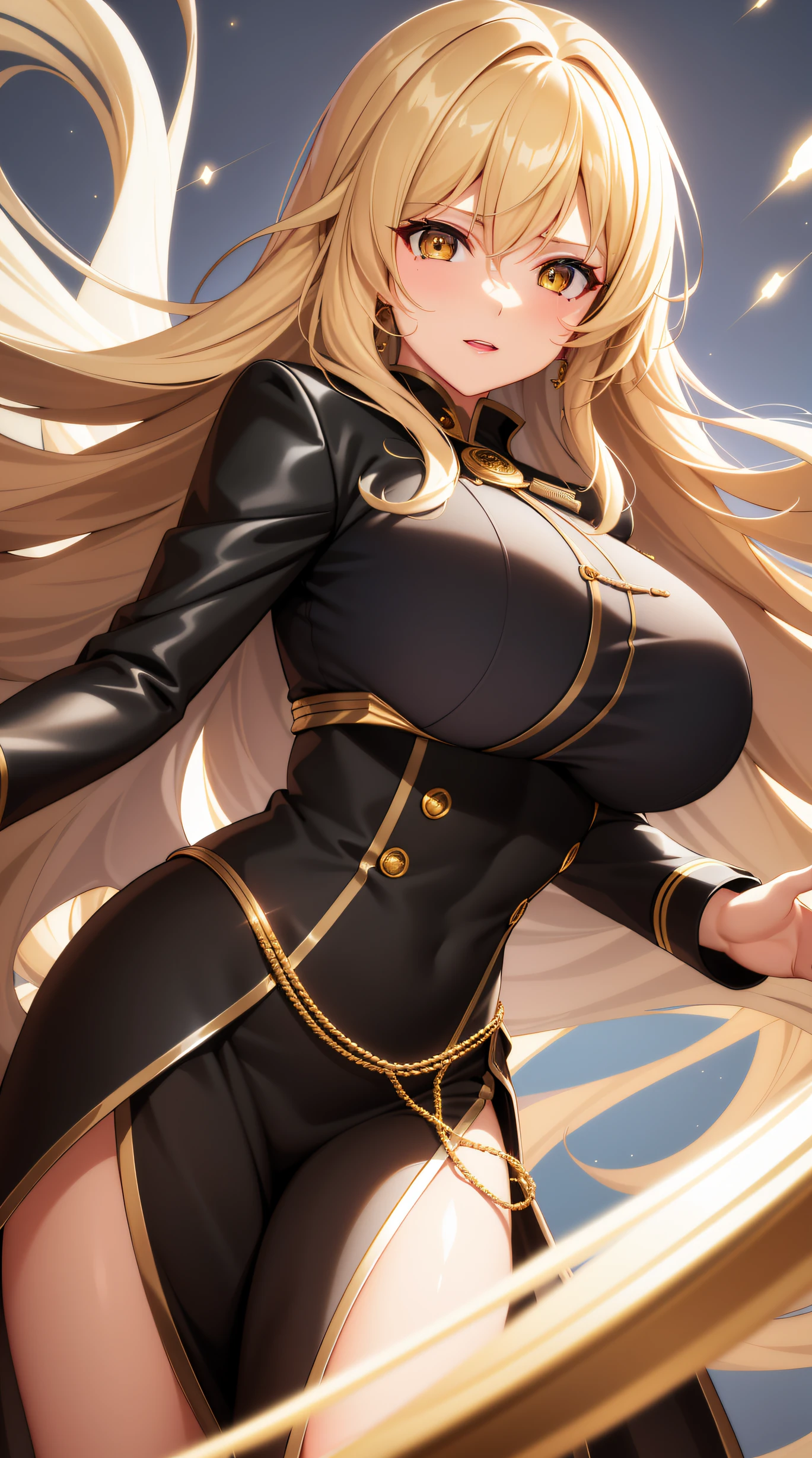 (best quality:1.5, highres, UHD, 4K, detailed lighting, shaders), black wavy hair, large breasts , woman gold jacket, long gold coat, (pov), Portrait, white background