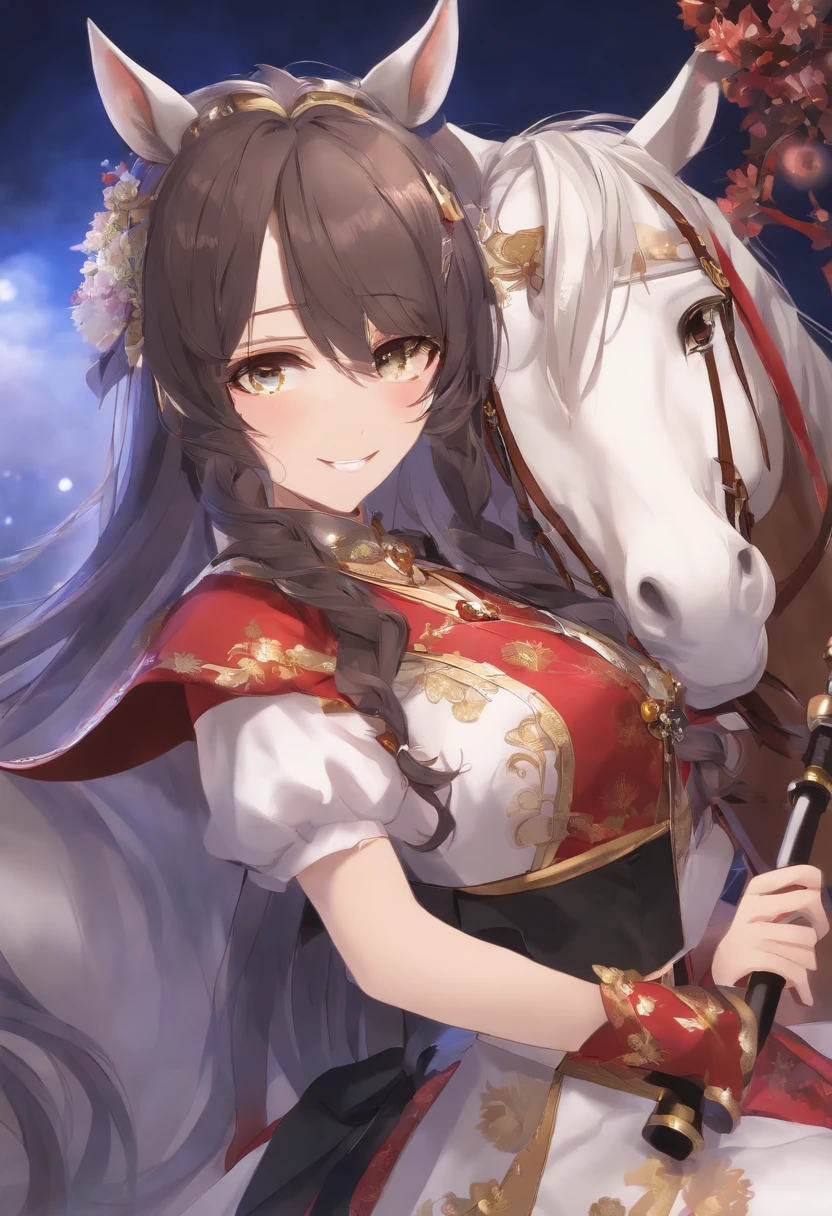 mejiro palmer \(umamusume\), (ultra-detailed face), masterpiece, bestquality, upper body, smile, on stage, dress, horse tail,