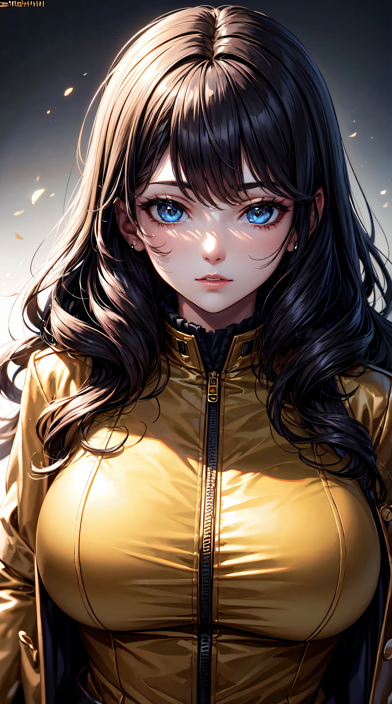 (best quality:1.5, highres, UHD, 4K, detailed lighting, shaders), beautiful girl from genshi impact, black wavy hair, large breasts , woman gold jacket, long gold coat, (pov), Portrait, white background