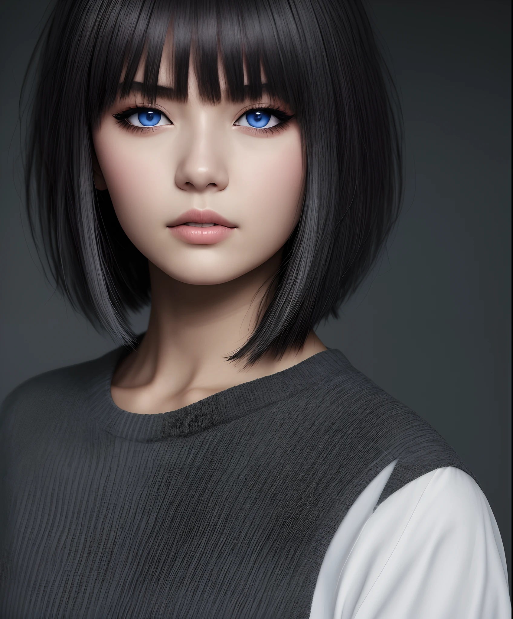 Grey hair, Tsuri eyes, Blue eyes, Short hair