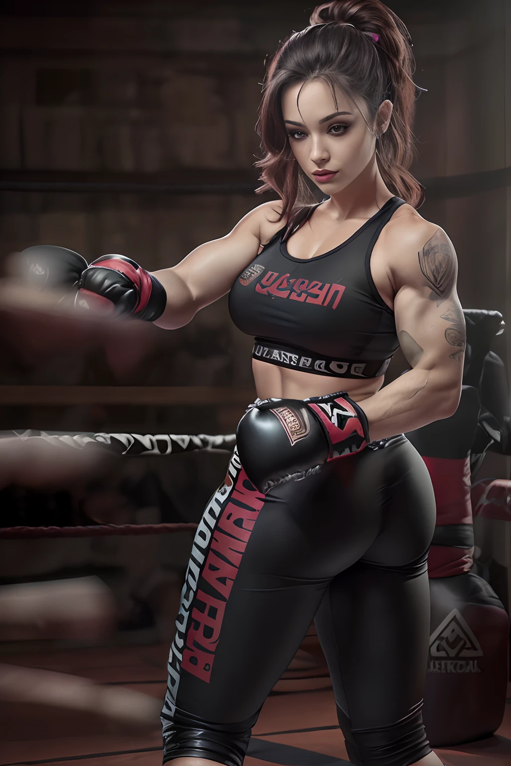 (best quality,4k,8k,Altas,master part:1.2),ultra-detalhado,(Realistic,fotorrealista,photo-realistic:1.37),academia de boxe grungy,sexy busty muscular,boxe,Kat Dennings,Sudorese intensa,dim lighting,cabelo manchado de suor,roupas manchadas de suor, 1,64 de altura, cabelos cacheador castanhos, poucas mechas de cabelo loiros, cacheada, buchechas cheinhas, olhos castanhos,