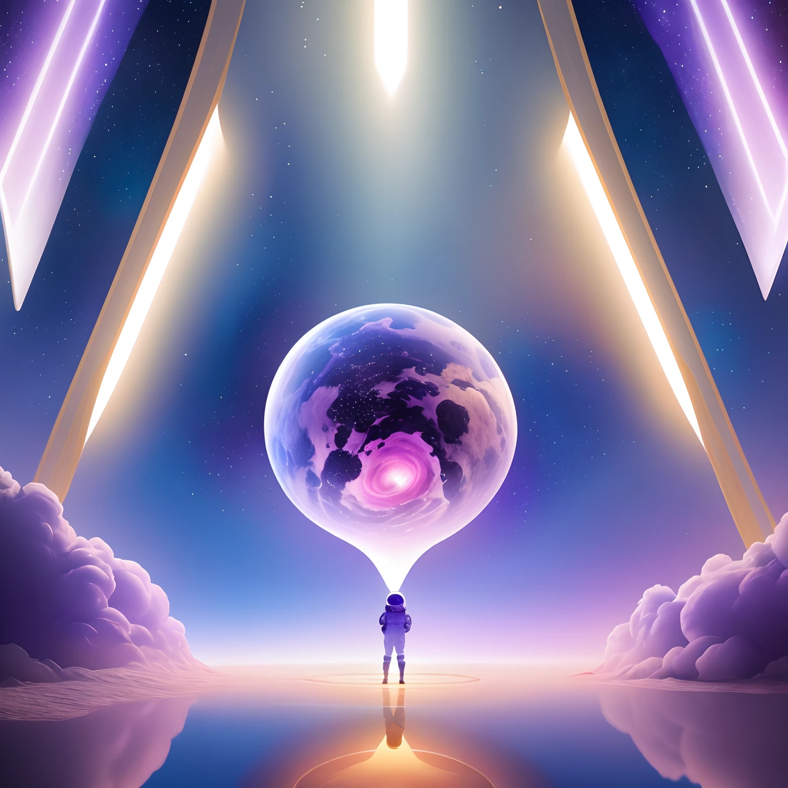 Por favor, Create a song cover with a space travel theme and dimensionless dimensions. The background image should represent cosmic space, com um fundo escuro e repleto de estrelas brilhantes. No centro da imagem, Include depiction of a teenage boy wearing a futuristic spacesuit.
boy floats in space, surrounded by a spatial landscape that features visual distortions that suggest hidden and mysterious dimensions. Use uma paleta de cores que inclua tons de azul, purple and pink to create a magical and futuristic atmosphere.
Add cosmic elements, como nebulosas, raios de luz e efeitos de brilho, to emphasize the mysterious character of dimensionless space. Avoid mentioning the name of the song, but creatively integrate elements that convey the idea of a cosmic journey and