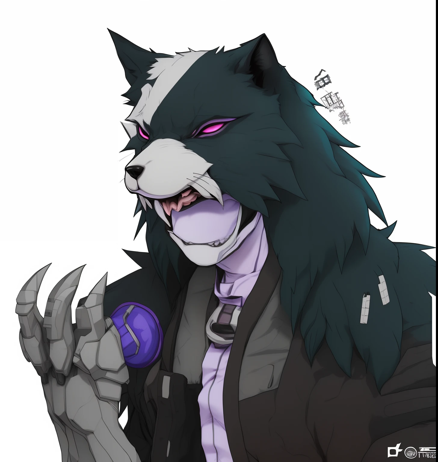 anime character with a cat like face and a big claw, wolf o'donnell, an anthro wolf, weirdcore voidpunk fursona, anthro wolf face, fursona art, digital art from danganronpa, an anthropomorphic wolf, anthropomorphic wolf, an anthropomorphic cyberpunk fox, anthropomorphic wolf male