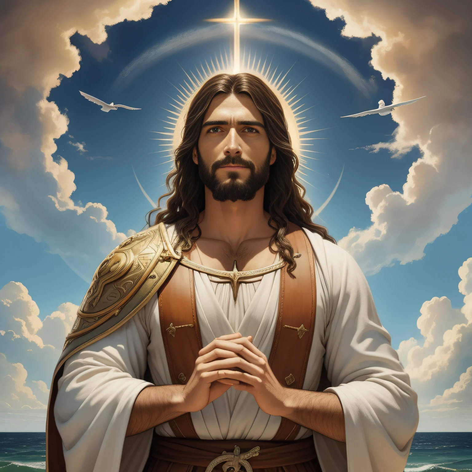 Um belo retrato realista ultra-fino de Jesus, O Profeta, um homem 35 anos morena hebraica, cabelos castanhos curtos, olhos perfeitos reais, barba marrom longa, com, Ajudando Pessoas , wearing long linen tunic closed on the breast part, em vista frontal, corpo inteiro, biblical, Realistic,by Diego Velázquez,Pedro Paulo Rubens,Rembrandt,Alex Ross,8k, arte conceitual, fotorrealista, Realistic,  illustration, oil painting, Surrealismo, hiper-realista, Ajudando Pessoas , arte digital, Estilo, watercolorReal Jesus flying in the sky with a flying cloud in the background, Jesus walking on water, biblical illustration, epic biblical representation, forcing him to flee, saindo do oceano, ! holding in his hand!, Desembarcar, Deus do Oceano, beautiful depiction, Modelo 3D 8k, Realistic,
a realistic 3D of Jesus with a halo in the sky, Jesus Cristo, Smiling in the sky, Retrato de Jesus Cristo, rosto de Jesus, 35 jovem deus todo-poderoso, Retrato de um Deus Celestial, Greg Olsen, Jesus Gigachad, jesus of nazareth, Jesus, A face de Deus, Deus olhando para mim, he is greeting you warmly, he is happy, image of avatar in the upper sky of the sky