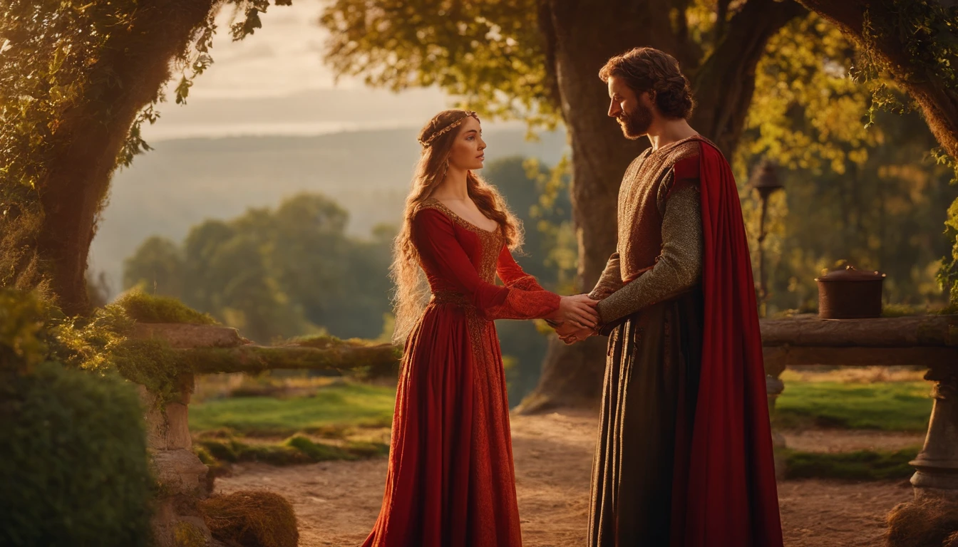 Um homem castanho claro e uma mulher ruiva vestida com roupas medievais posando para uma pintura, como um personagem de fantasia medieval, em um jardim