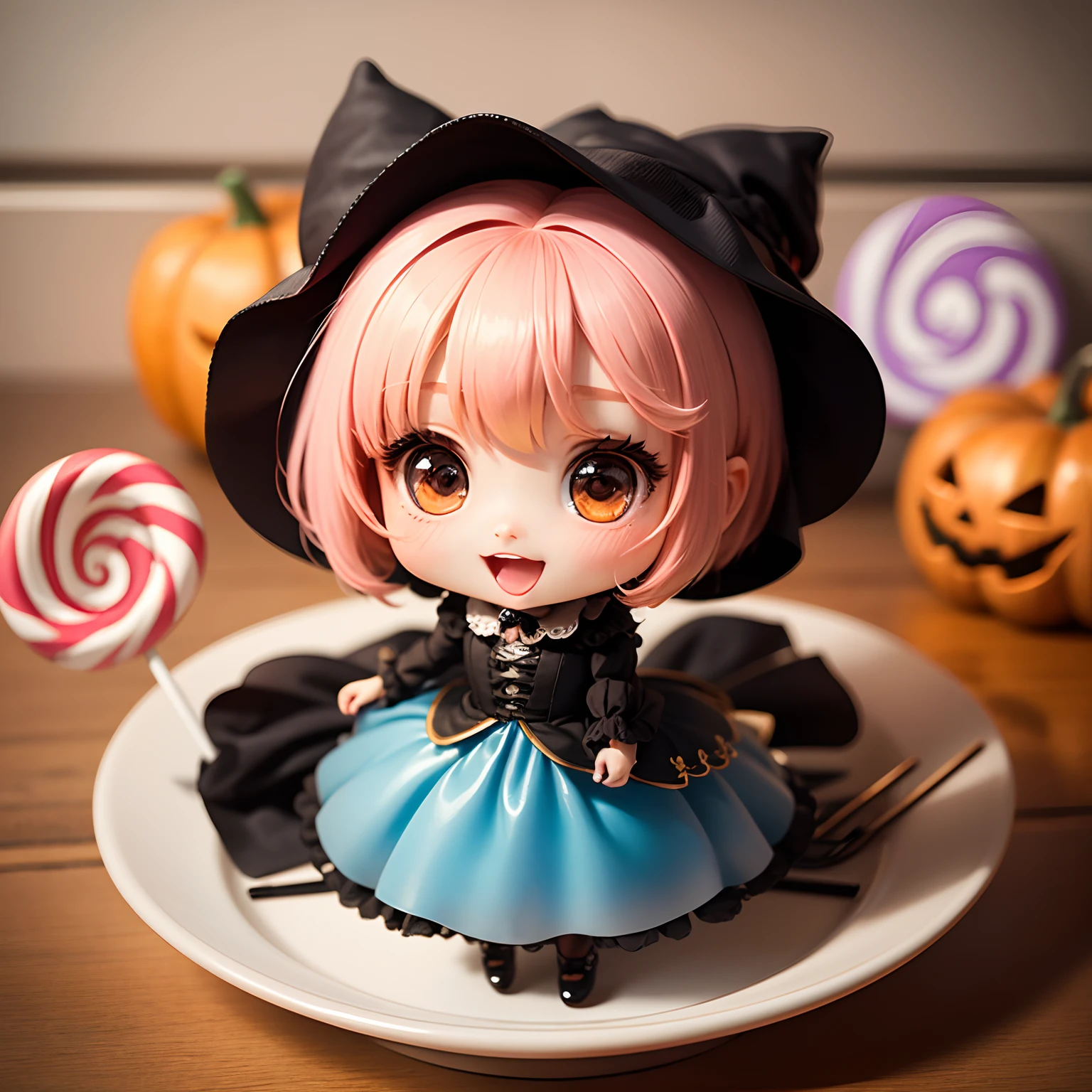 masterpiece、top-quality、ultra-detailliert、(Chibi Chara's Daughter:1.2)、Halloween、Horror Lollipop Candy、Open your mouth and smile、Full-body standing figure、