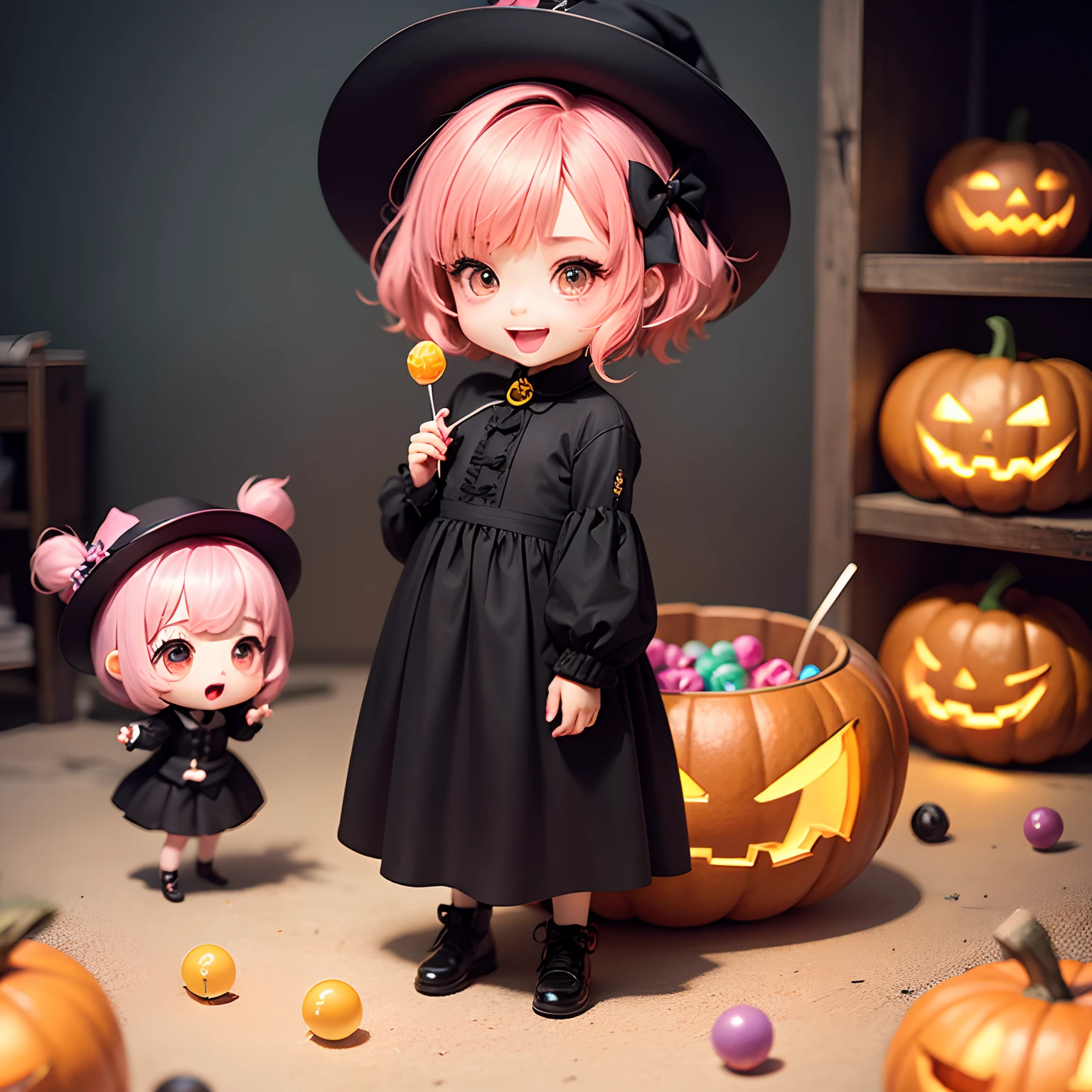masterpiece、top-quality、ultra-detailliert、(Chibi Chara's Daughter:1.2)、Halloween、Horror Lollipop Candy、Open your mouth and smile、Full-body standing figure、