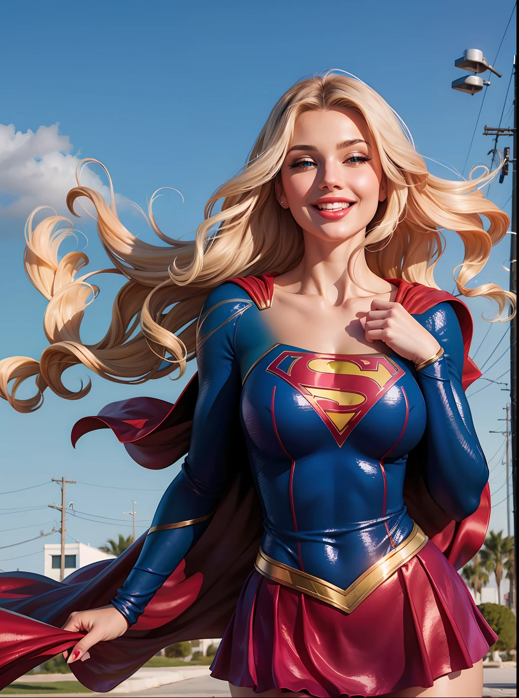 Supergirl, flowing blonde hair, Supergirl costume, cape blowing in the wind, portrait photo, seductive smile, cleavage, hourglass figure, beautiful face, red lips, detailed eyes, highly detailed face, skinny waist