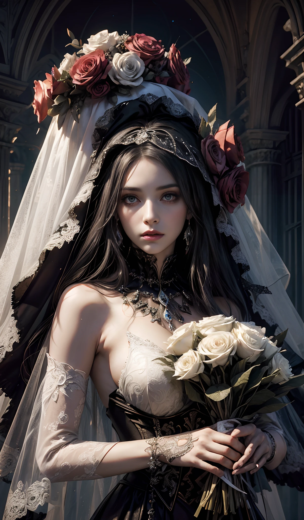 Phantasmagorical Style, de perto, 8k, extremamente detalhado, arte digital de uma bela noiva morta-viva, long pale hair, Torn Dirty Wedding Veil, Olhos luminosos, alta qualidade, retrato, Holding a bouquet of withered flowers