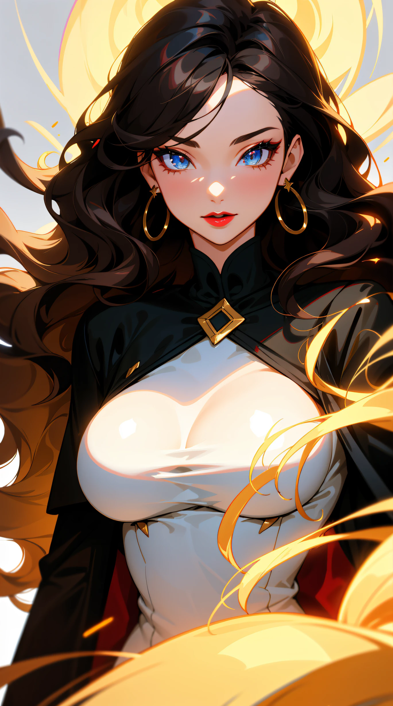 (best quality:1.5, highres, UHD, 4K, detailed lighting, shaders), black wavy hair, large breasts, woman jacket, long coat, (pov), Portrait, white background, colorful eyeshadow, dramatic lighting, sparkling eyes, red lipstick, confident expression, golden earrings, flowing hair, delicate facial features, soft skin, high cheekbones, stylish clothing, urban setting,white background