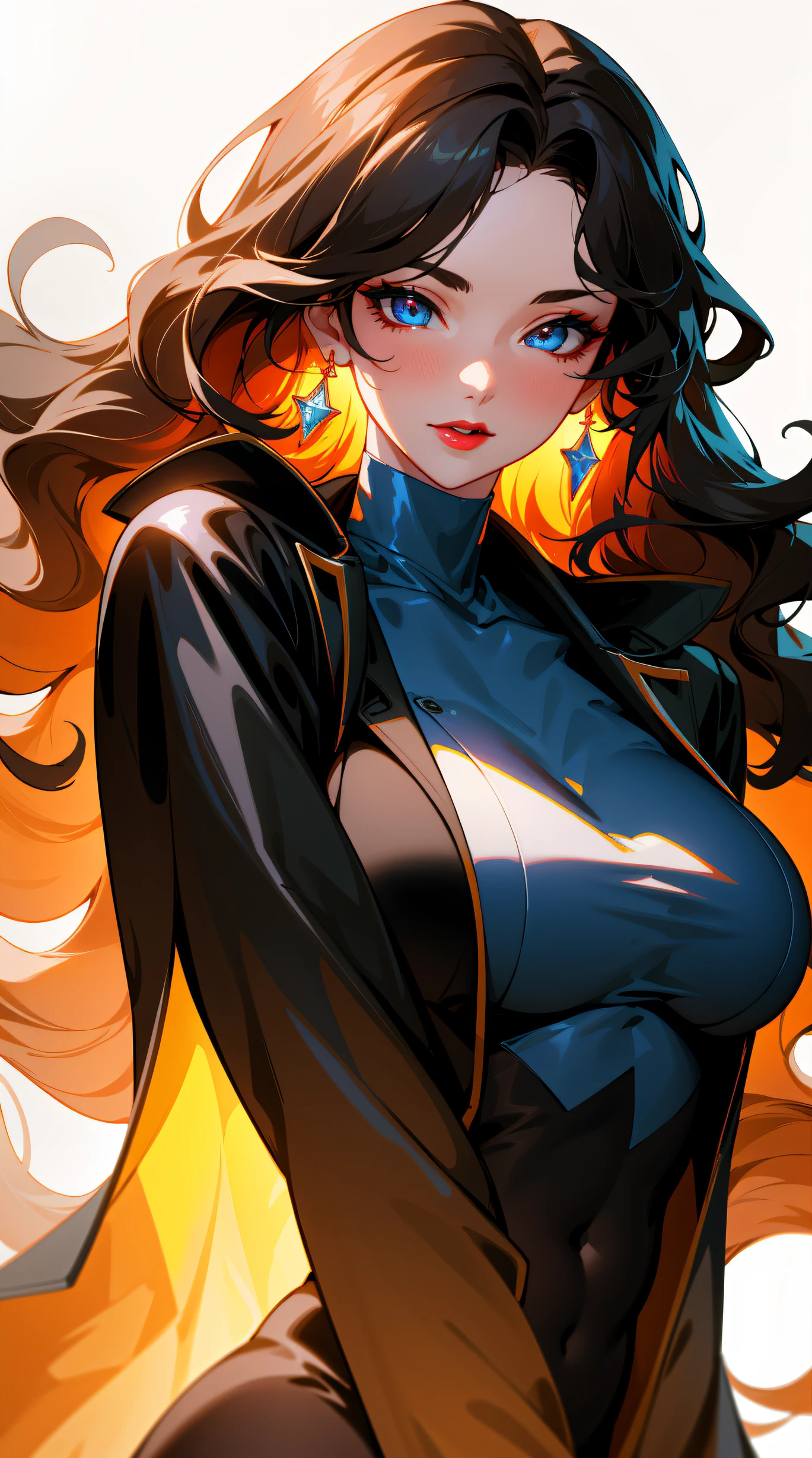 (best quality:1.5, highres, UHD, 4K, detailed lighting, shaders), black wavy hair, large breasts, woman jacket, long coat, (pov), Portrait, white background, colorful eyeshadow, dramatic lighting, sparkling eyes, red lipstick, confident expression, golden earrings, flowing hair, delicate facial features, soft skin, high cheekbones, stylish clothing, urban setting,white background