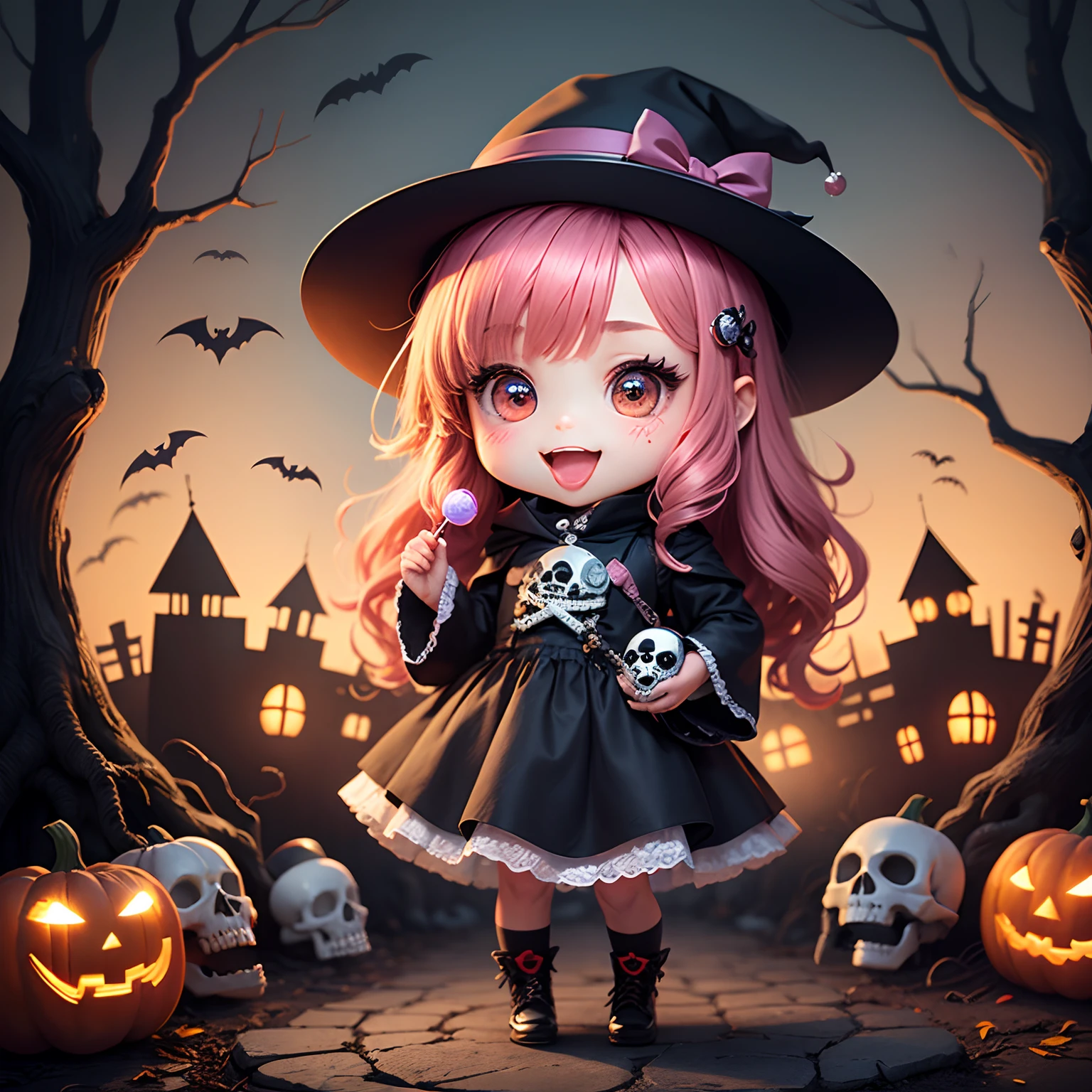​masterpiece、top-quality、ultra-detailliert、(Chibi Chara's Daughter:1.2)、Halloween、Horror Lollipop Candy、skull、skull、(sculls:1.3)、Open your mouth and smile、Full-body standing figure、
