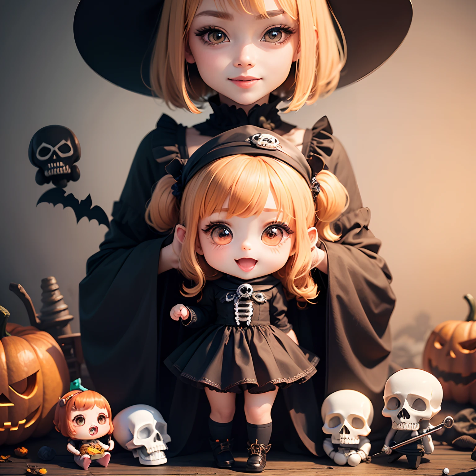 masterpiece、top-quality、ultra-detailliert、(Chibi Chara's Daughter:1.2)、Halloween、Horror Lollipop Candy、skull、skull、(sculls:1.3)、Open your mouth and smile、Full-body standing figure、a blond