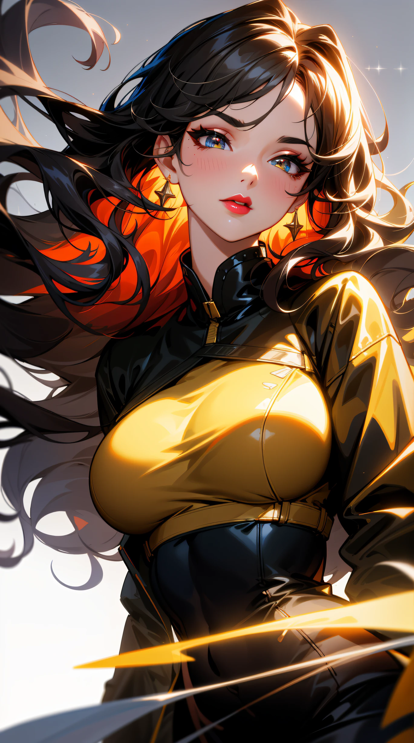 (best quality:1.5, highres, UHD, 4K, detailed lighting, shaders), black wavy hair, large breasts, woman jacket, long coat, (pov), Portrait, white background, colorful eyeshadow, dramatic lighting, sparkling eyes, red lipstick, confident expression, golden earrings, flowing hair, delicate facial features, soft skin, high cheekbones, stylish clothing, urban setting,white background