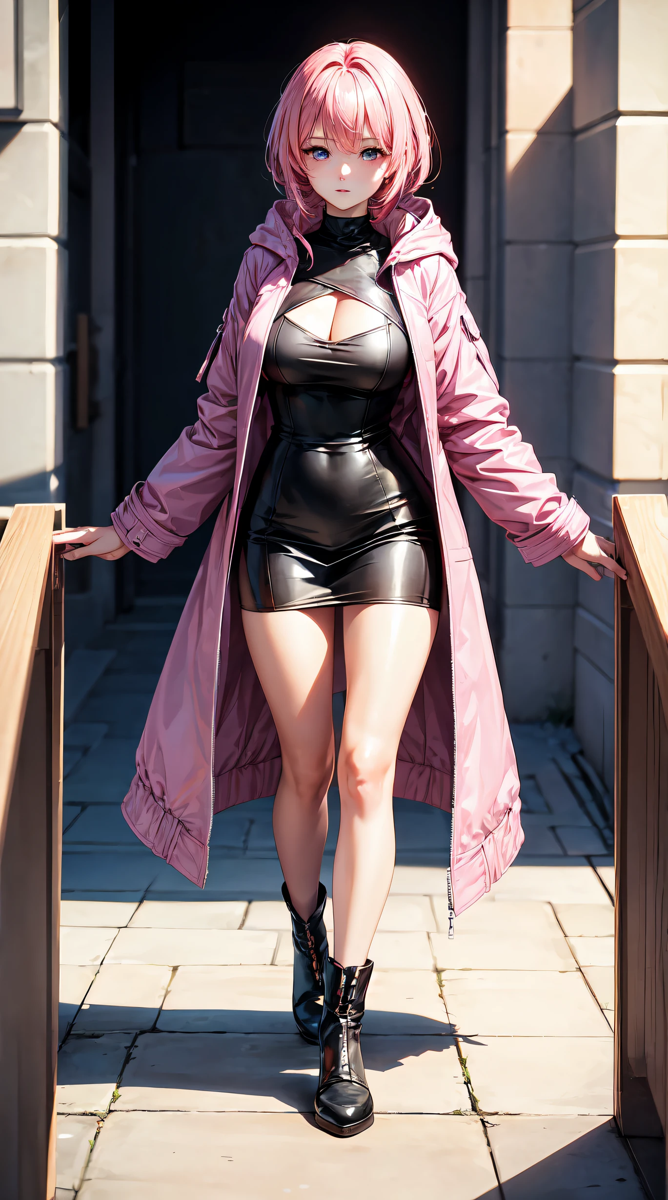 (best quality:1.5, highres, UHD, 4K, detailed lighting, shaders), beautiful girl from genshi impact, pink hair, long hair, large breasts , woman pink jacket, long pink coat, (pov), full body, white background