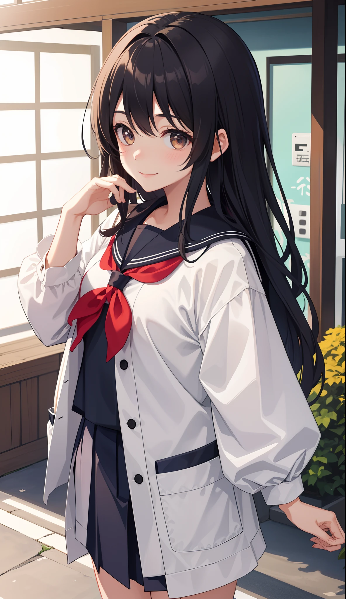 1girl in、AS-Adult、A smile、Japanese、highschool、校服、serafuku、
