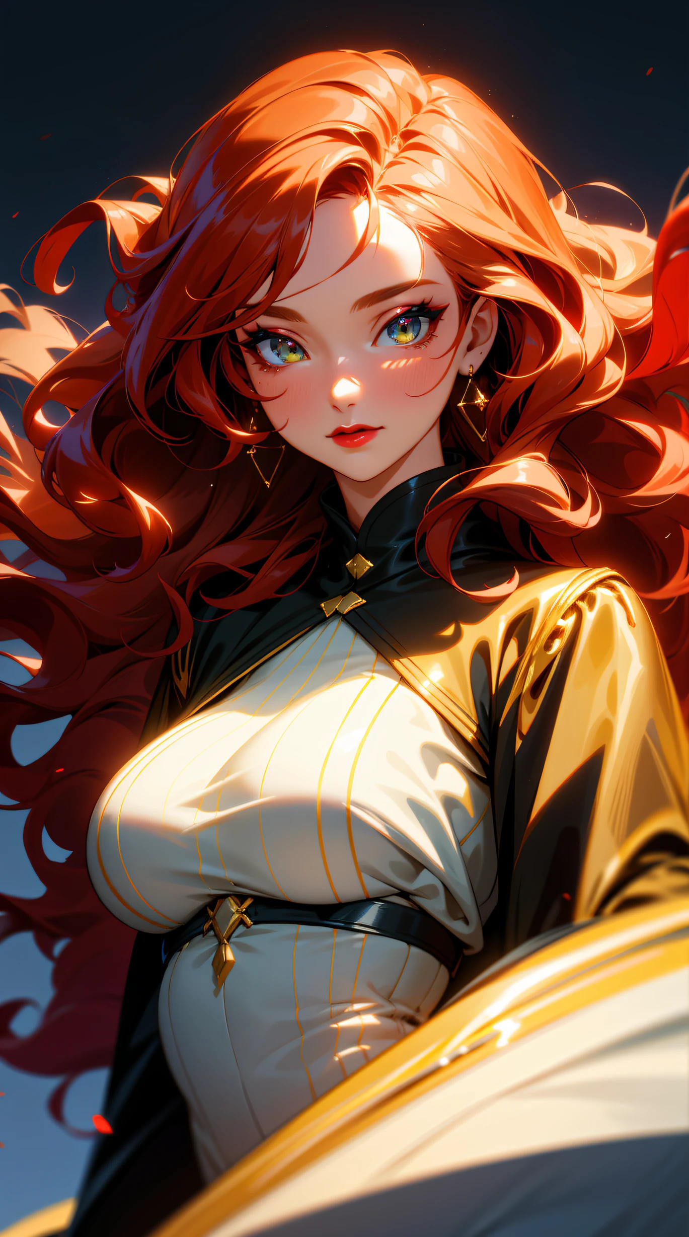 (best quality:1.5, highres, UHD, 4K, detailed lighting, shaders), red wavy hair, large breasts, woman jacket, long coat, (pov), Portrait, white background, colorful eyeshadow, dramatic lighting, sparkling eyes, red lipstick, confident expression, golden earrings, flowing hair, delicate facial features, soft skin, high cheekbones, stylish clothing, urban setting,white background