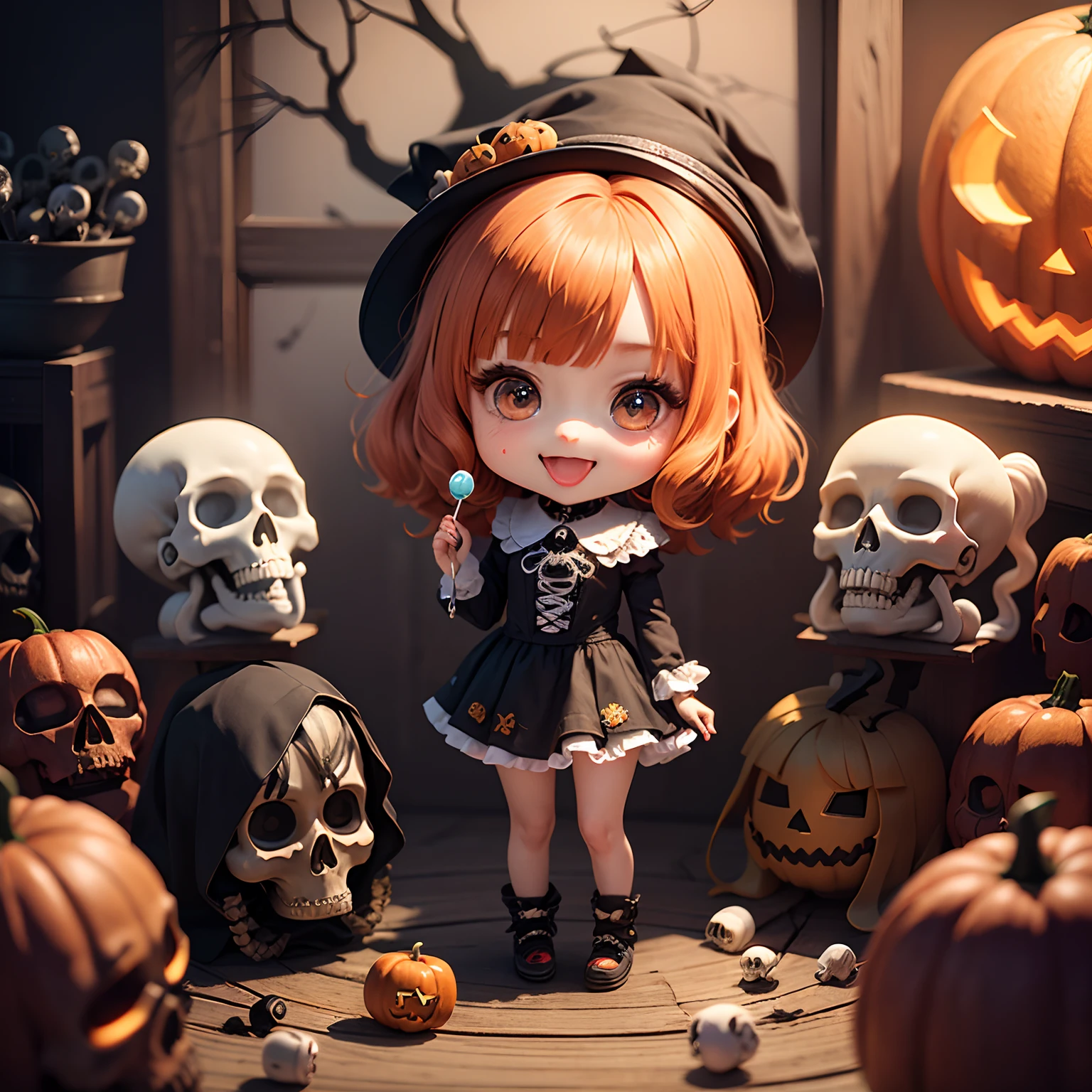 masterpiece、top-quality、ultra-detailliert、(Chibi Chara's Daughter:1.2)、Halloween、Horror Lollipop Candy、skull、skull、(sculls:1.3)、Open your mouth and smile、Full-body standing figure、a blond、Solo.