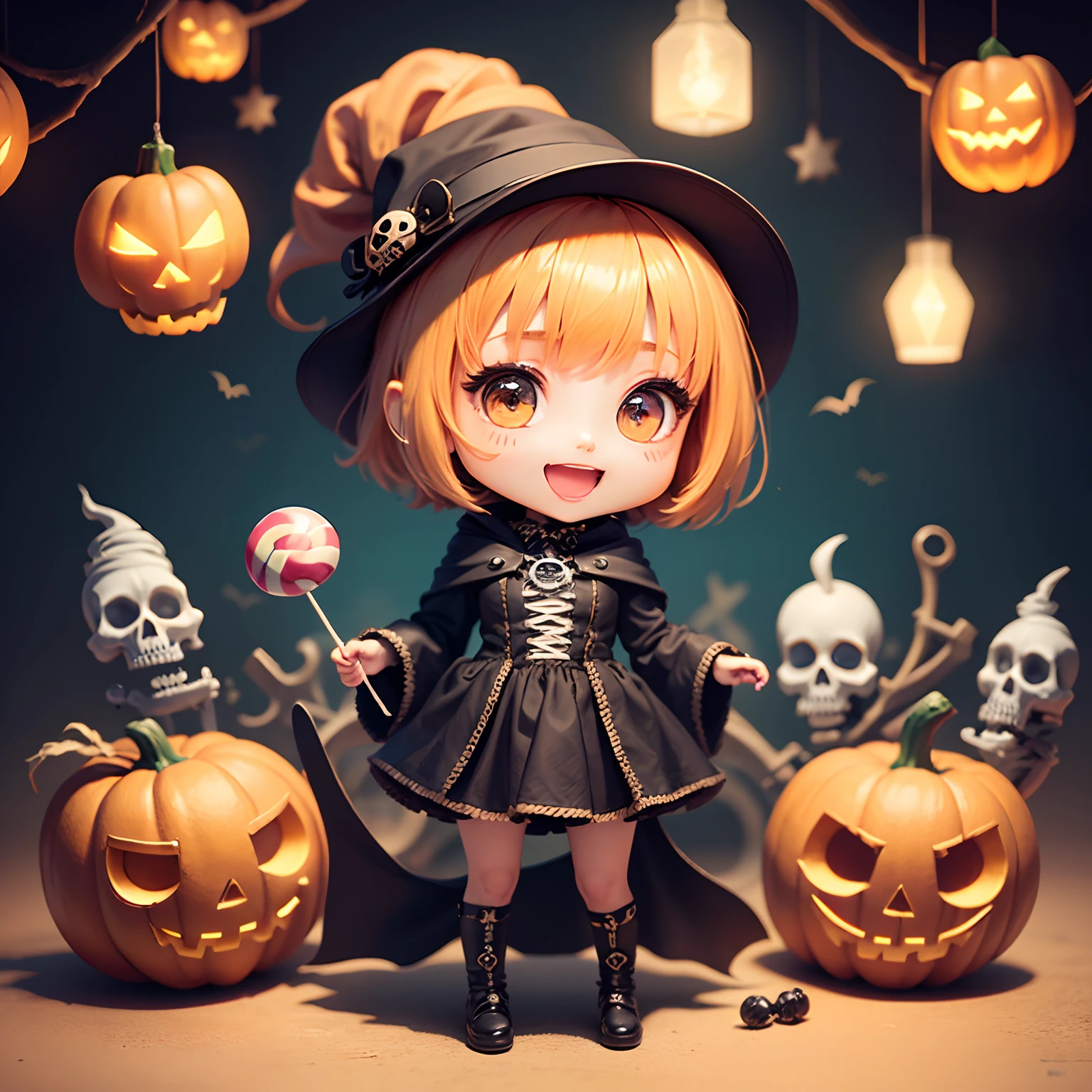 ​masterpiece、top-quality、ultra-detailliert、(Chibi Chara's Daughter:1.2)、Halloween、Horror Lollipop Candy、skull、skull、(sculls:1.3)、Open your mouth and smile、Full-body standing figure、a blond、Solo.
