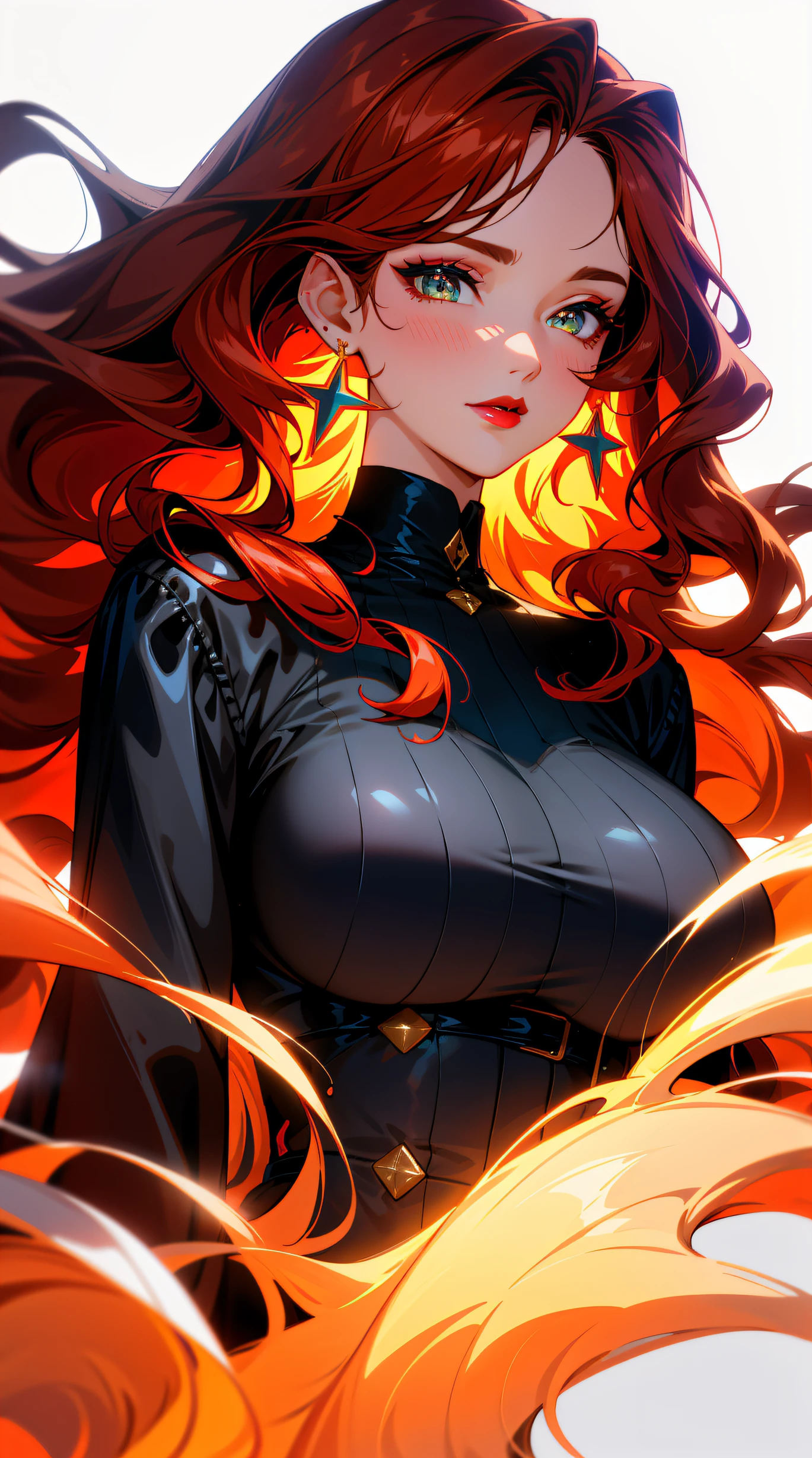 Make the character Starfire very sexy and provocative with her sexy costume Make her very hot and sexy with orange skin, flaming red hair, voluptuous body. Perfect face, perfect body, perfect hands, perfect clothes, 8k, high quality