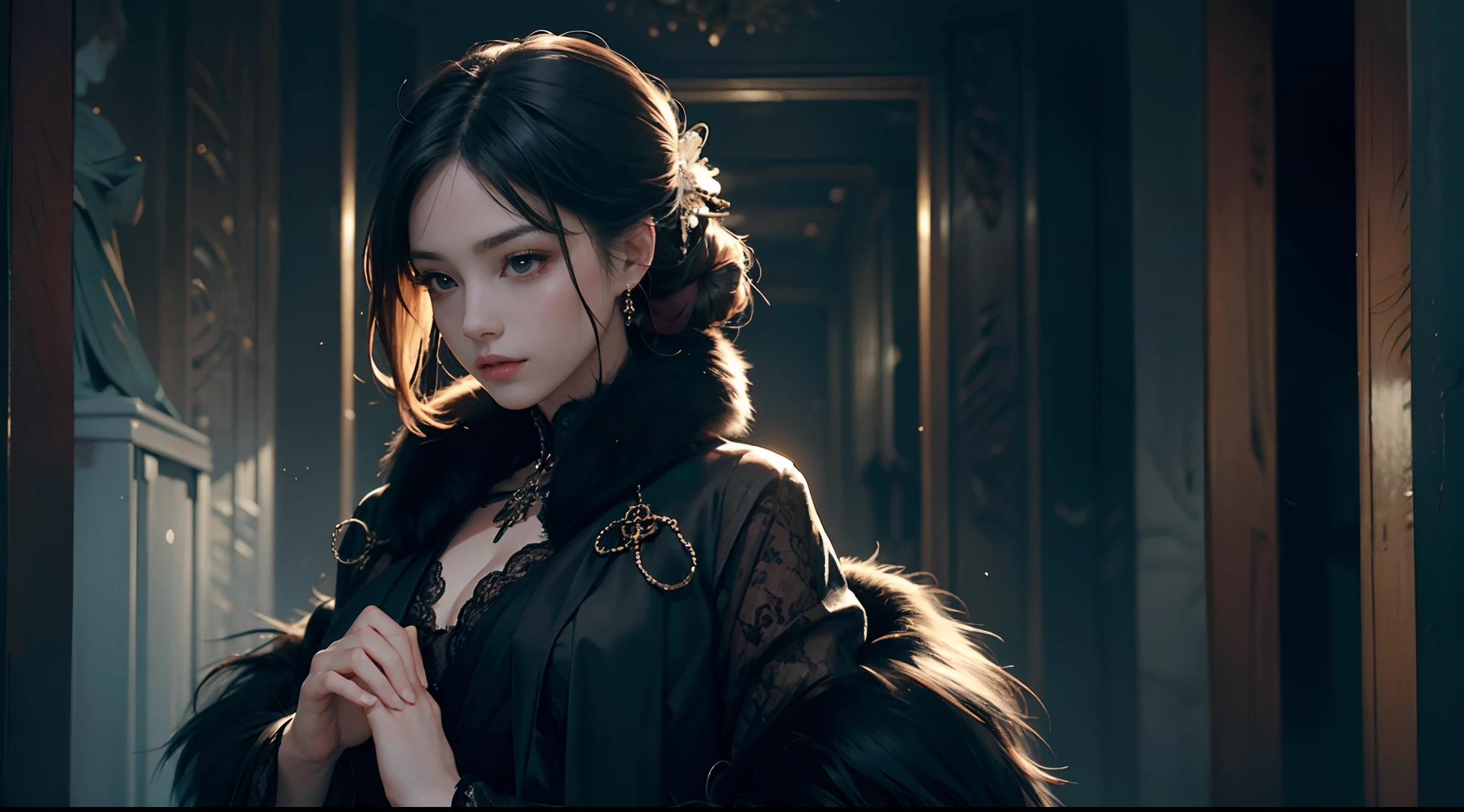 mdjrny-v4A style, Official Art, Unity 8k wallpaper, super detailed, beautiful, beautiful, masterpiece, best quality,
dark, atmospheric, mystical, romantic, creepy, literature, art, fashion, showa era, decoration, intricacies, fur products, lace, contemplation, emotional depth, supernatural, kimono, no hands in composition, 
1girl, solo, neck, bust composition