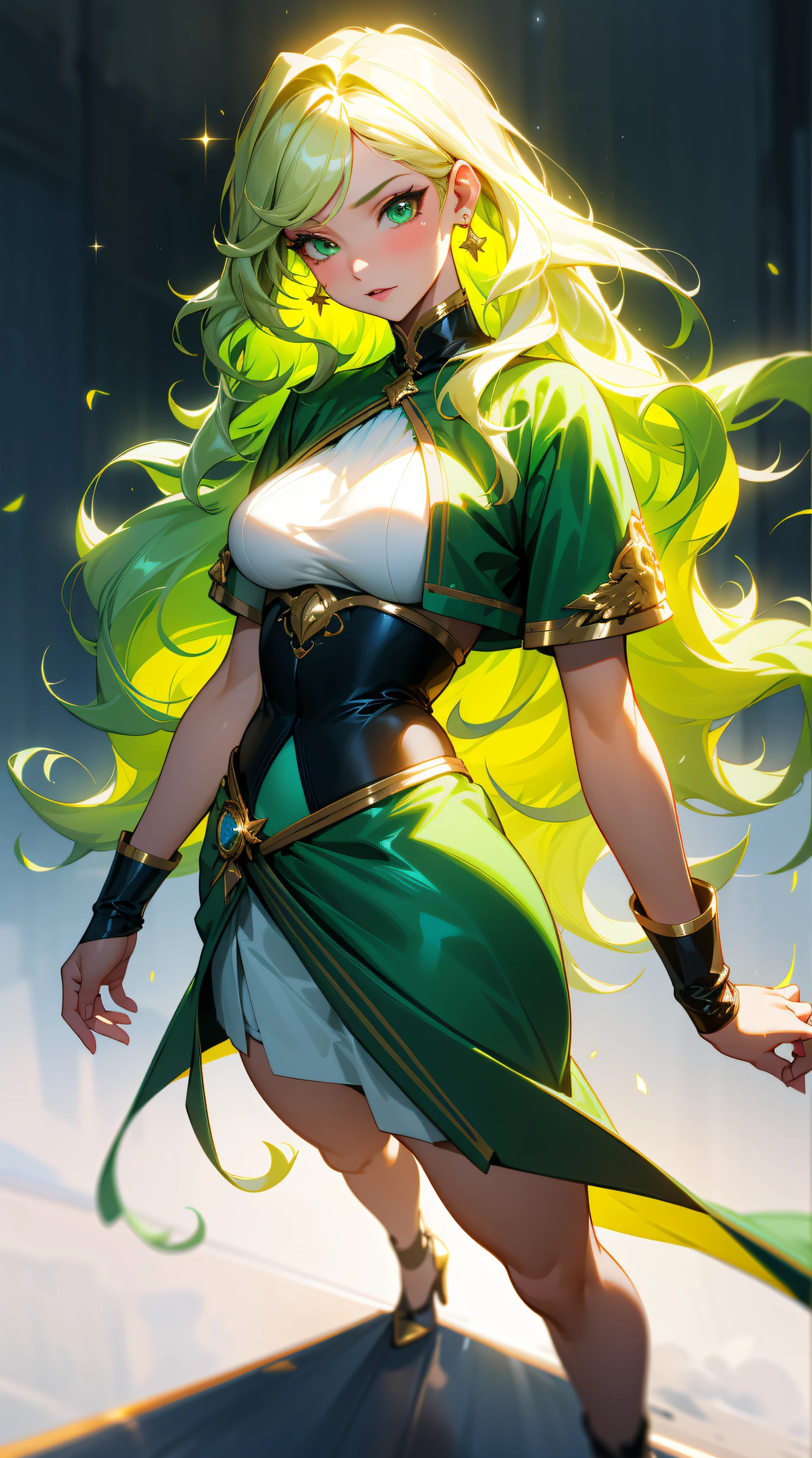 (best quality:1.5, highres, UHD, 4K, detailed lighting, shaders), green wavy hair, large breasts, woman white and green shirt, small skirt, green skirt, (pov), full body, white background, colorful eyeshadow, dramatic lighting, sparkling eyes, confident expression, golden earrings, flowing hair, delicate facial features, soft skin, high cheekbones, stylish clothing, urban setting,white background