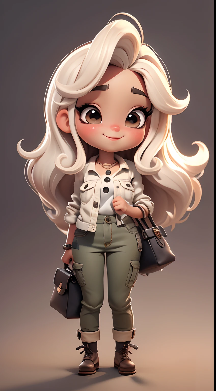 Create a series of cute chibi style dolls with a cute safari theme, each with lots of detail and in an 8K resolution. All dolls should follow the same solid background pattern and be complete in the image, mostrando o (corpo inteiro, incluindo as pernas: 1.5)
Boneca Mini Safari: Chame-a de Marina. Ela deve ter cabelo tom preto. Seus olhos devem ser grandes e expressivos, with long eyelashes and rosy cheeks. Sorriso delicado e branco. Marina deve estar vestida com uma jaqueta, Camiseta, Ornate safari pants and accessories. She must hold safari accessories. Certifique-se de adicionar detalhes nas roupas, such as buttons and pockets, sapato bonito
Certifique-se de adicionar sombras, texturas e detalhes nos cabelos, roupas, Safari utensils, to make them even more adorable and charming.