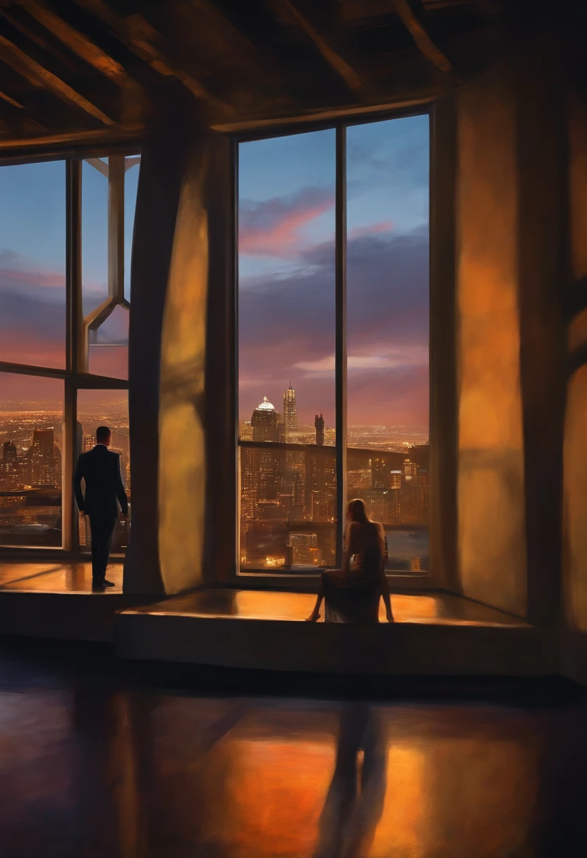An expansive industrial loft with a panoramic view of a city at sunset, a solitary figure standing by a large window, gazing at the skyline, feeling a sense of purpose and ambition, Artwork, acrylic painting on canvas