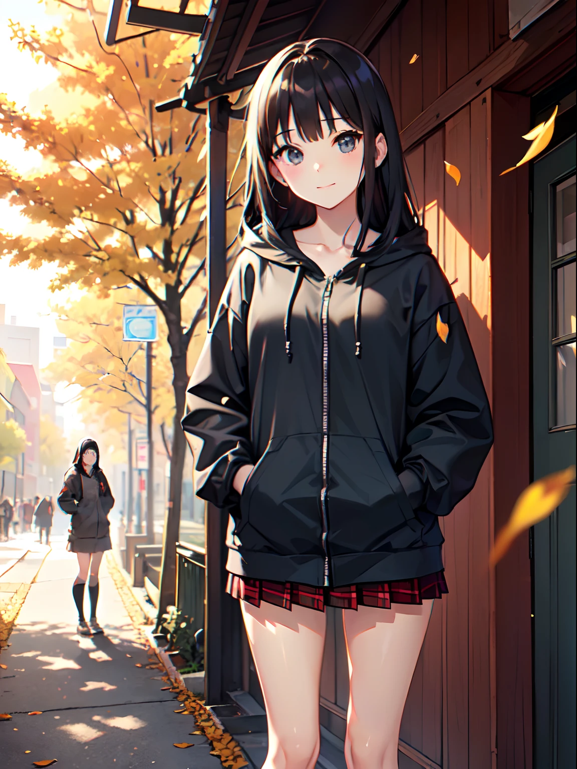 ((1 beautiful young girl)),Solo、1 persons、 ((14-year-old junior high school girl:1.5))、(flat chest)、(Dark-haired girl in grey oversized full-zip hoodie:1.3),(Do not wear hoodie hood:1.3)、Wearing a shirt inside a hoodie、(red plaid pleated skirt), (high socks), (lowfers),(Long straight hair)、Autumn Park、Colored leaves、leaves falling、stroll、A slight smil、(Do not put your hands in your pockets:1.3)