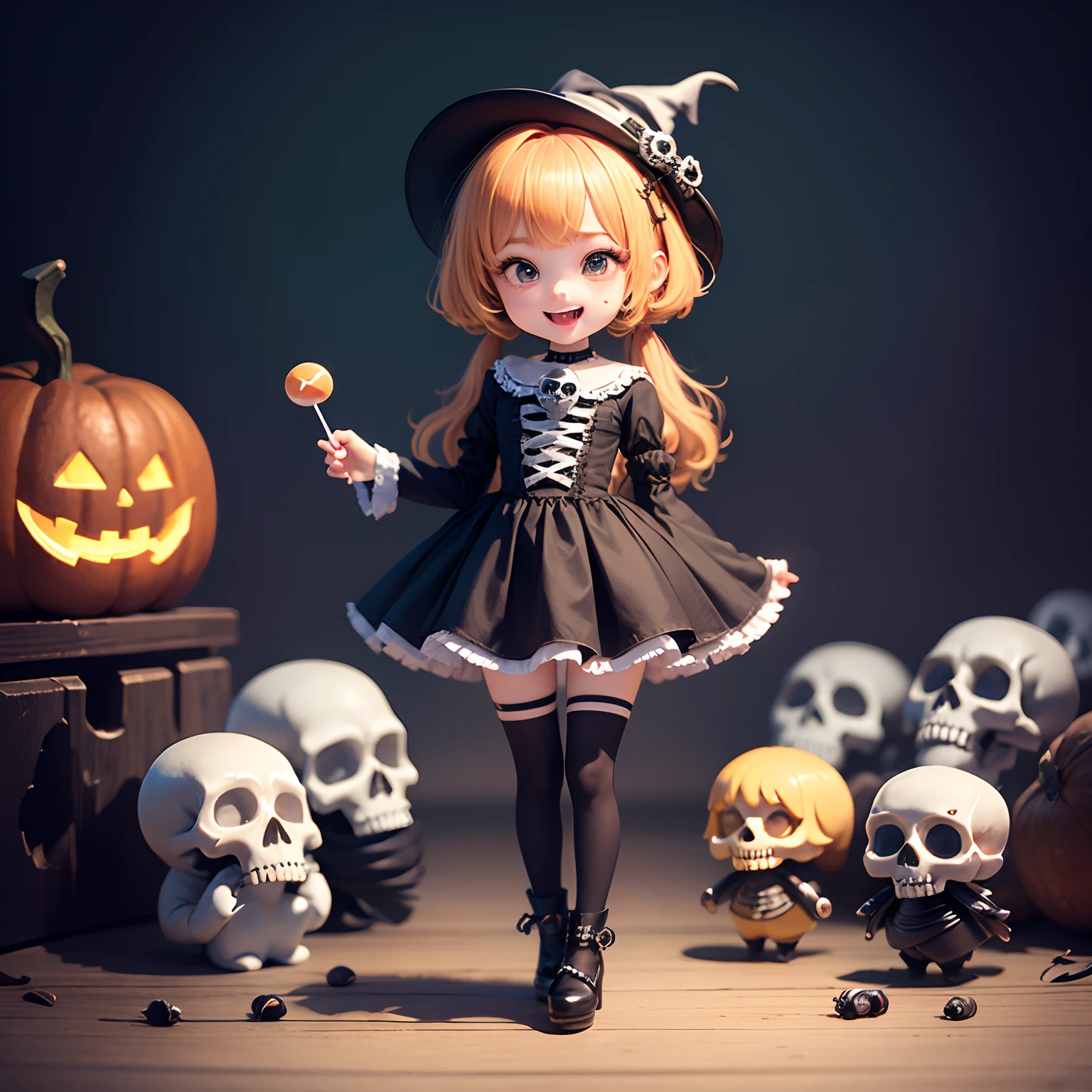 masterpiece、top-quality、ultra-detailliert、(Chibi Chara's Daughter:1.2)、Halloween、Horror Lollipop Candy、skull、skull、(sculls:1.3)、Open your mouth and smile、Full-body standing figure、a blond、Solo.