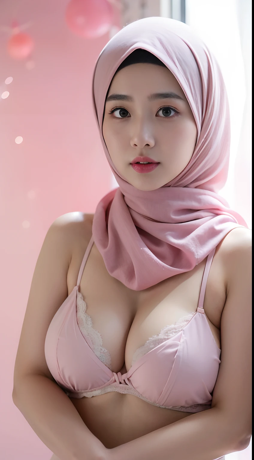 1 malay girl , modern plain hijab,  shy, medium portrait shot , watery  eyes , pink glowing particles, wear pastel pink lingerie,(( big breast)), pink light bokeh background, proportional body, plump breasts