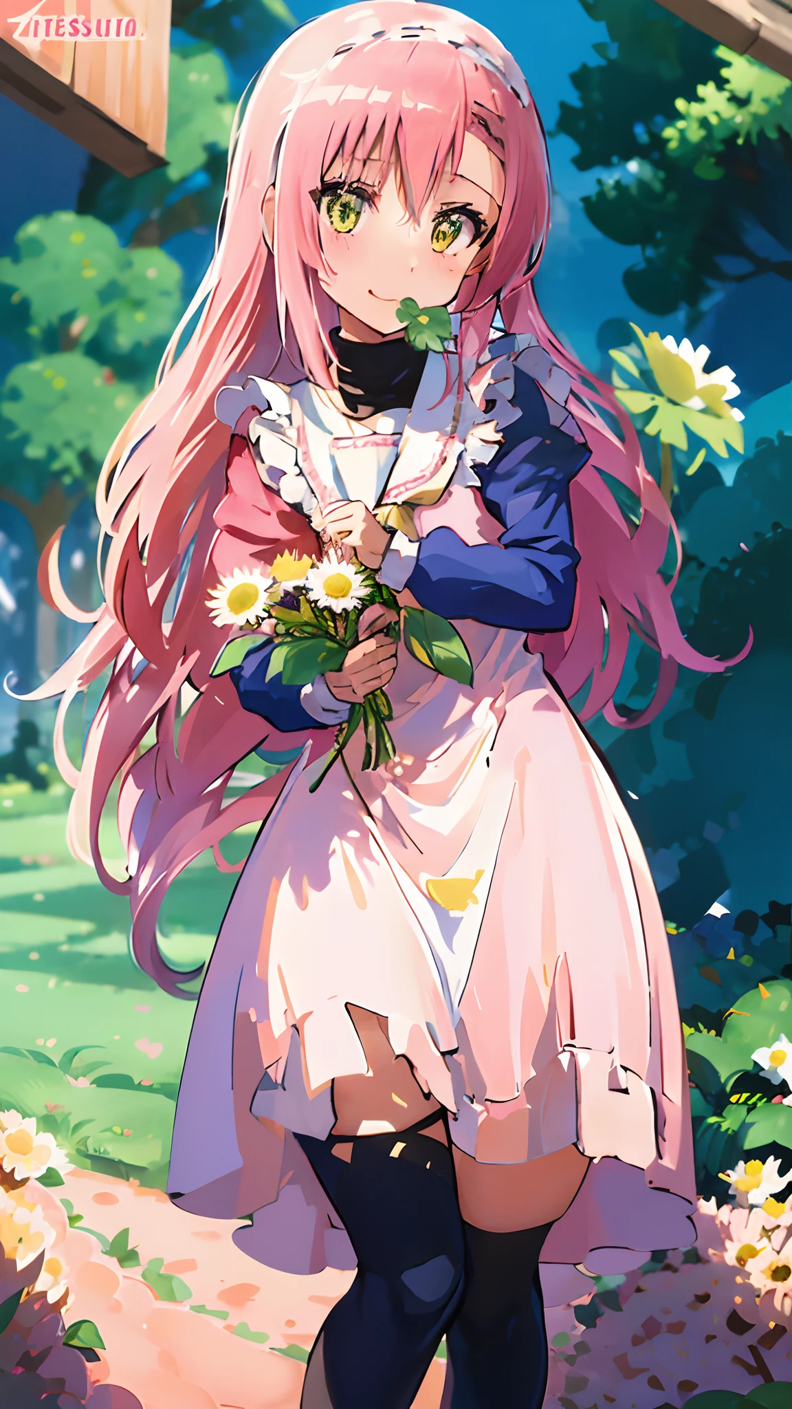 Female one、(Katsura daisies(Like Hayate))Female genitals、teats、Mouth hold、Hold a four-leaf clover、校服、A pink-haired、long、、