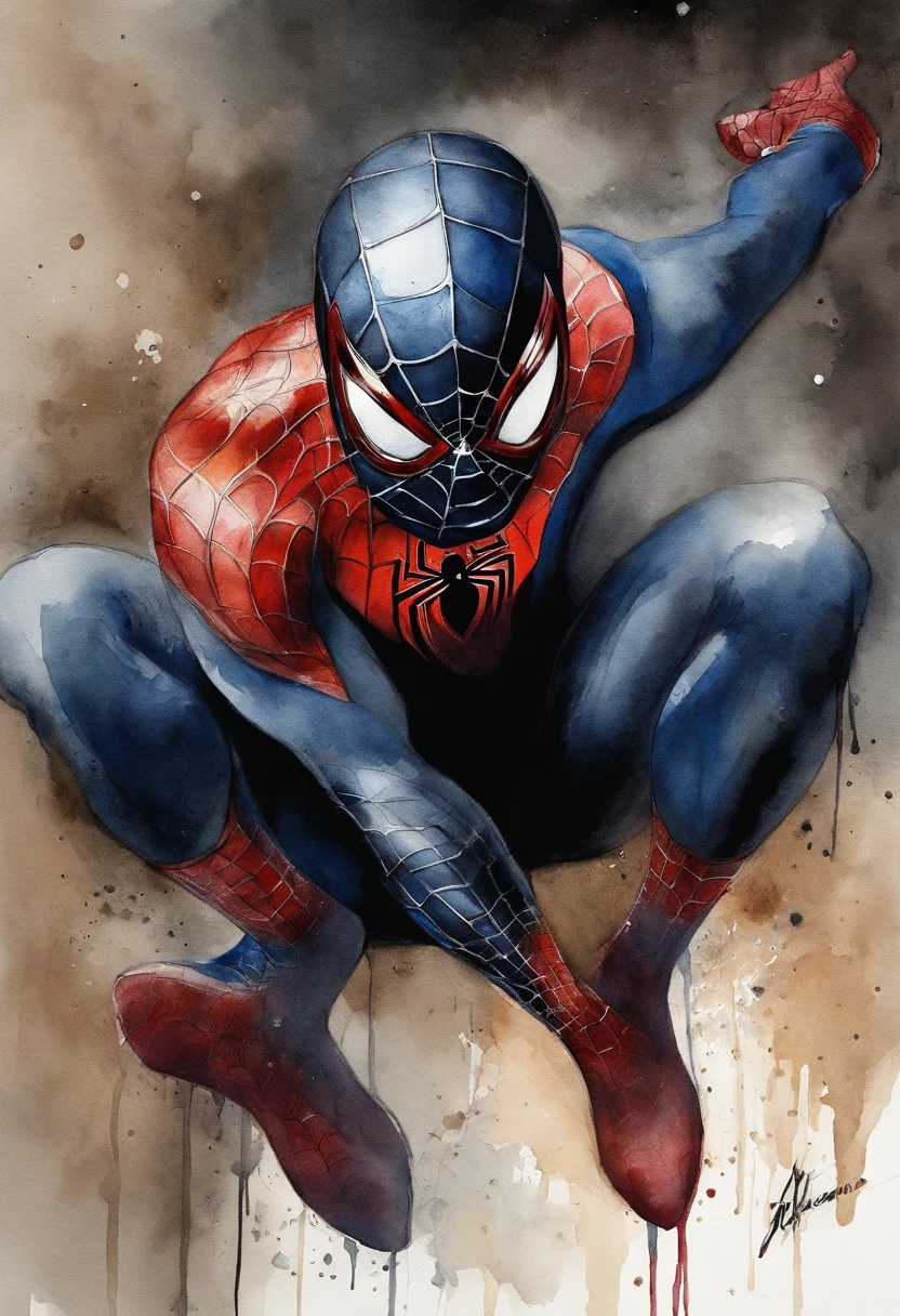 Spider-man, traje negro, simbionte, cuerpo completo, Looking back, ((ciudad nocturna, de noche, lloviendo), ojos brillantes en, (obra maestra)