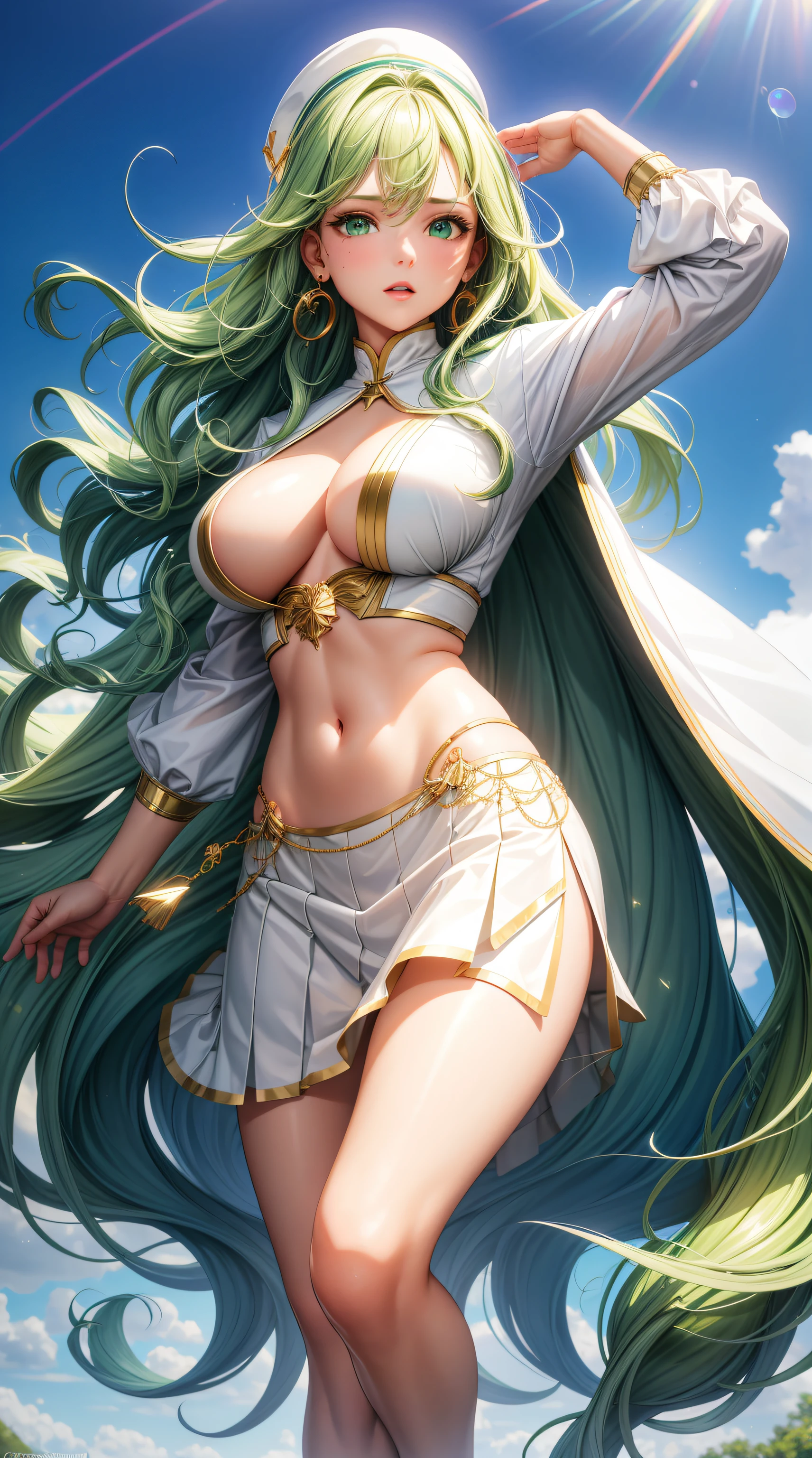 (best quality:1.5, highres, UHD, 4K, detailed lighting, shaders), green wavy hair, large breasts, woman white and green shirt, small skirt, green skirt, (pov), full body, white background, colorful eyeshadow, dramatic lighting, sparkling eyes, confident expression, golden earrings, flowing hair, delicate facial features, soft skin, high cheekbones, stylish clothing, urban setting,white background