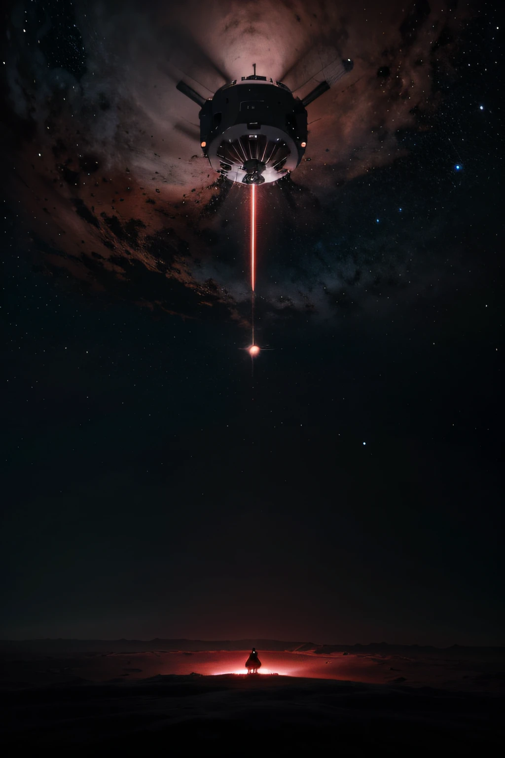 un vaisseau spatial incroyable avec des petit robots rouge et noir traversant l'univers se dirigent vers un planete rouge et noir