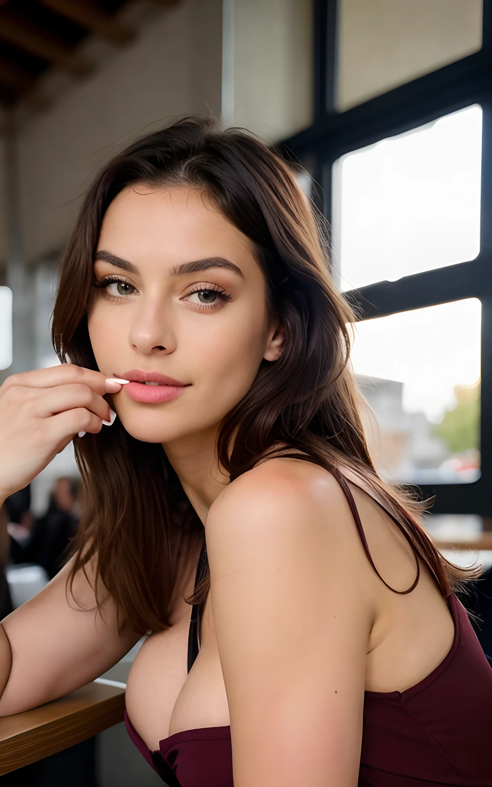 Mignonne, attirante , Very beautiful sexy European brunette with green eyes in dress (Drinking coffee in a modern café at sunset), Huge-breasts, Very detailed, 20 ans, visage innocent, la longueur du visage est de 1.3 fois la largeur du visage, Yeux en amande, Square Face Shape, Pommettes hautes, naturally wavy hair, yeux vert clair, high resolucion, Masterpiece, Best quality, Intricate details, Very detailed, mise au point nette, detailed skin, realistic skin texture, texture, detailled eyes, professionnel, 4K, sourire charmant, prise avec Canon, 85 mm, Light depth of field, Couleur Kodak Vision, perfect fit body, Extremely detailed, photo_\( ultra\), photoreallistic, Realstic, Post-traitement, maximum details, roughness, real life, ultrarealistic, photorealism, photographie, 8K UHD, photographie