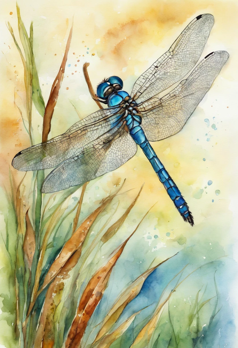 Dragonfly flying, bright colors, dense rushes amid water, high detail, pen outline