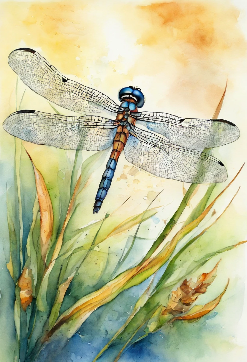 Dragonfly flying, bright colors, dense rushes amid water, high detail, pen outline