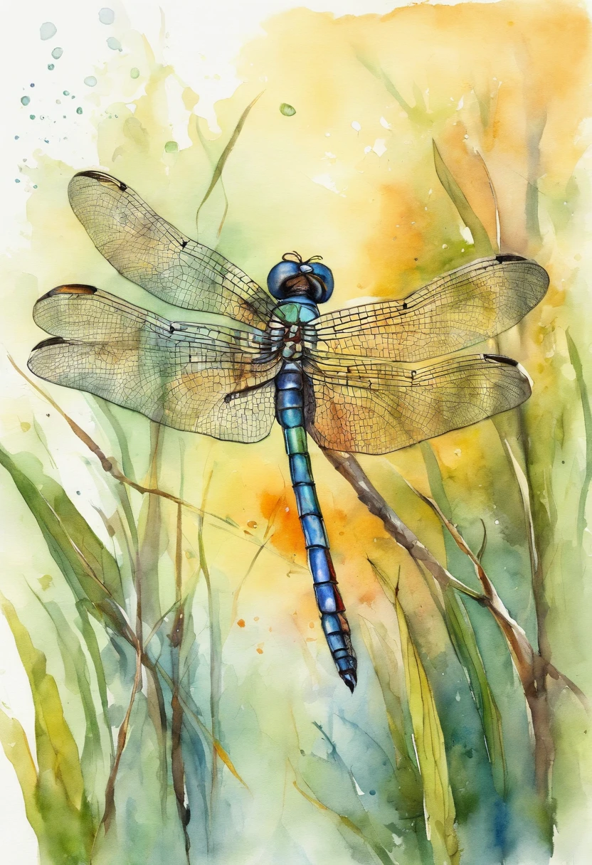 Dragonfly flying, bright colors, dense rushes amid water, high detail, pen outline