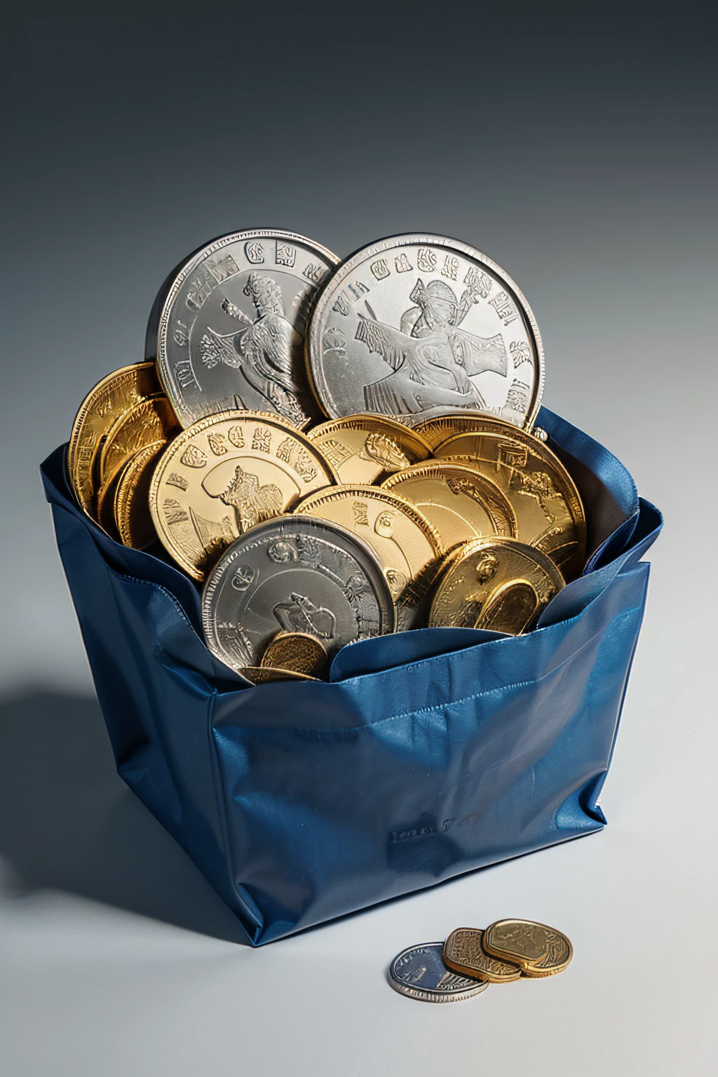 a bunch of gold and silver coin from a blue bag of coins, white background, realistic cartoon style, png