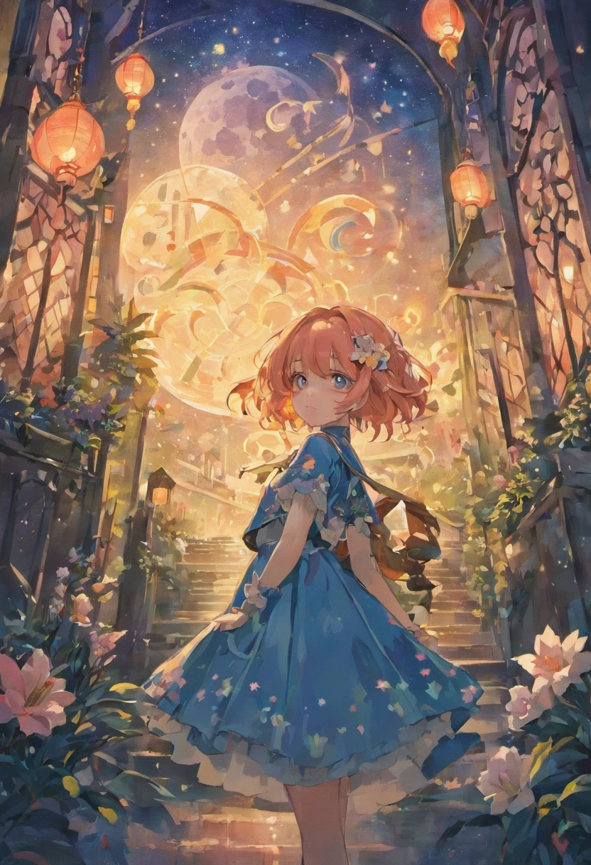 （​masterpiece、top-quality）、chies（ruins、Large amount of stained glass）、flower  field（amaryllis）、teens girl（Peach-colored bob hair、Jade-colored eyes、frilled blouse、Dark blue lace skirt、Possessing higan flowers、Melancholy look）、8K、Contre-Jour（Moon Night）