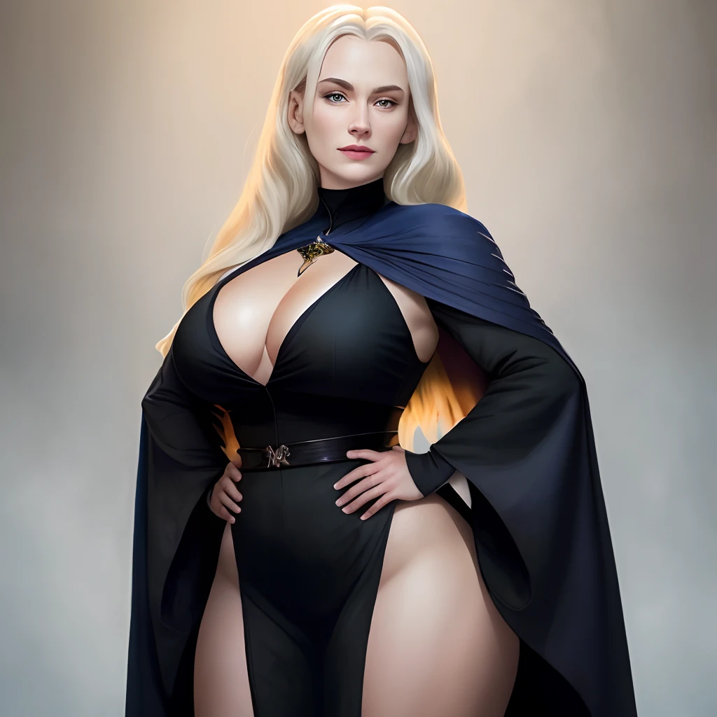 (masterpiece), best quality, perfect face, Harry Potter, female Lucius Malfoy, large breasts, thick thighs, wide hips, strong jaw, high cheekbones, straight nose, platinum blonde hair, blue eyes, smug expression, black robes, older woman