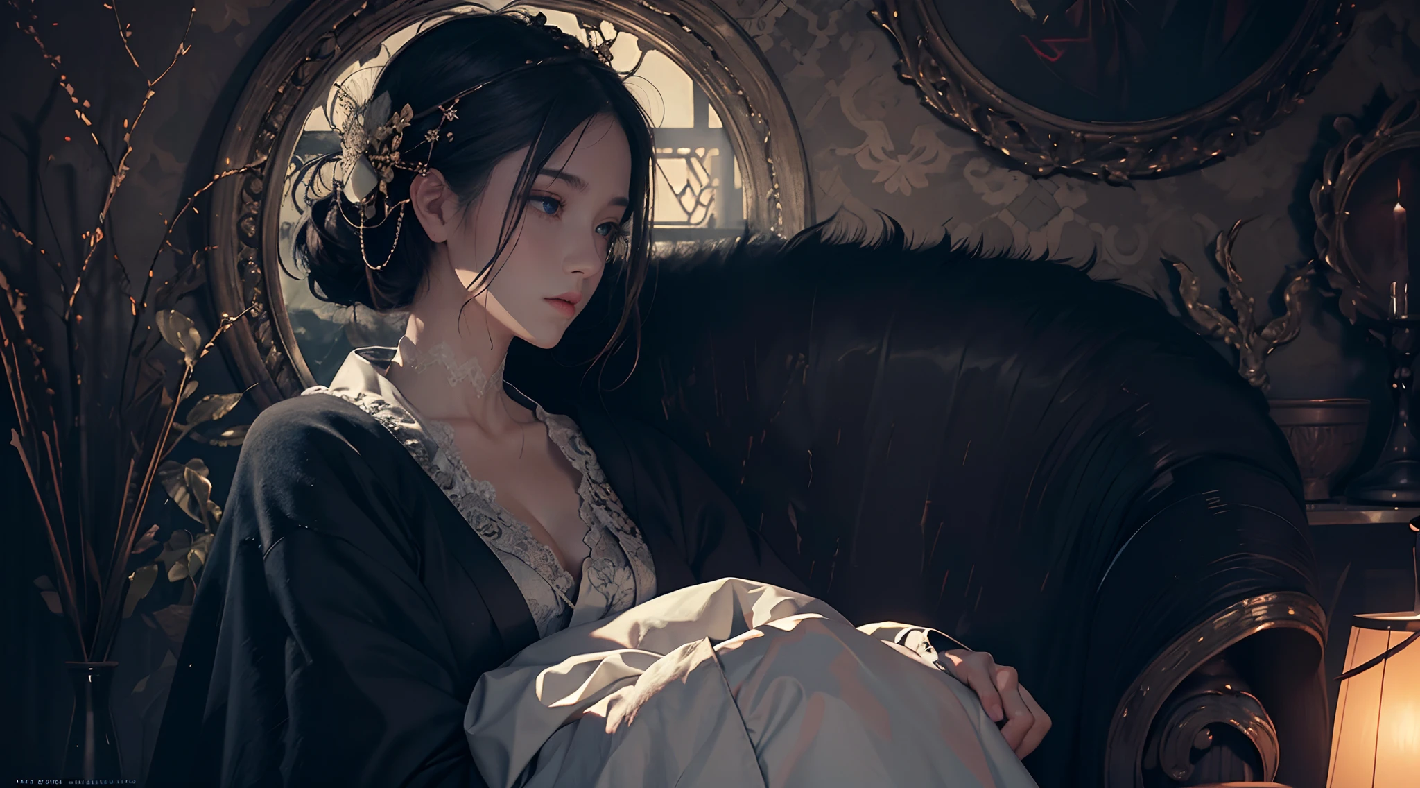 Official Art, Unity 8k wallpaper, super detailed, beautiful, beautiful, masterpiece, best quality,
dark, atmospheric, mystical, romantic, creepy, literature, art, fashion, showa era, decoration, intricacies, fur products, lace, contemplation, emotional depth, supernatural, kimono
1 girl, solo, neck, bust composition