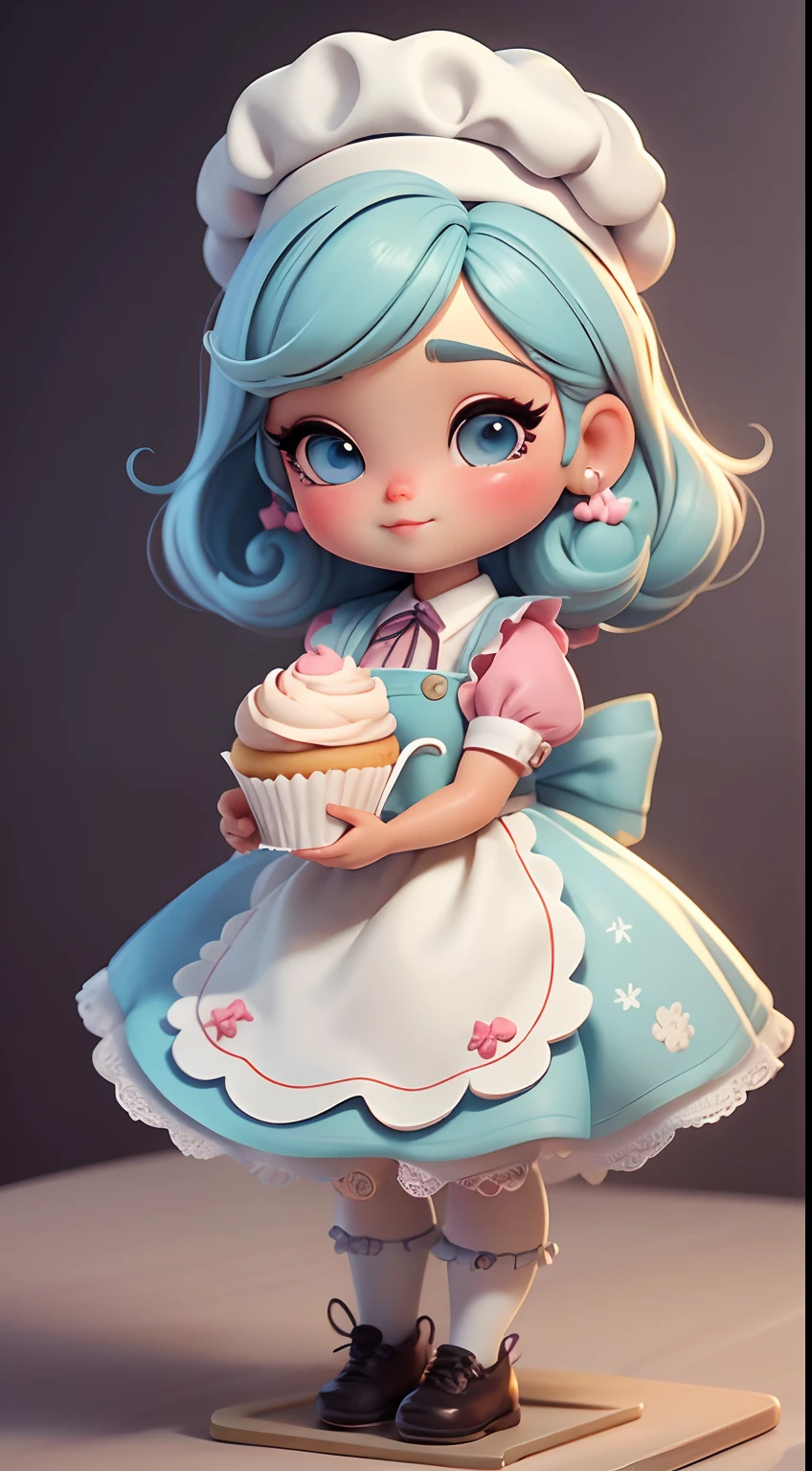 Crie uma roupa de boneca estilo chibi com um tema de chef confeiteiro bonito., Each piece has a lot of detail and 8K resolution.. All dolls must follow the same and complete stable background pattern in the image., programa (corpo inteiro, incluindo pernas: 1.5)

Boneca Doce: Chame-a de Bella.. Ela deve ter muito tempo, cabelos cacheados em tons pastel., Empate em duas marias-chiquinhas. Seus olhos devem ser grandes e brilhantes., It has long eyelashes and rosy cheeks.. Bella deve se vestir com um vestido de pastelaria., With a cupcake pattern apron and a full-length skirt.. She had to wear a chef's hat and have a bag of candy in her hand., enquanto no outro, Ela segura um prato de cupcakes decorativos.. Don't forget the details of the cupcakes., With colorful toppings and charming décor., Nice shoes

Don't forget to add shadows., Textura e detalhe no cabelo, Clothes, Each doll's baking equipment and candy, To make them cuter and more charming..