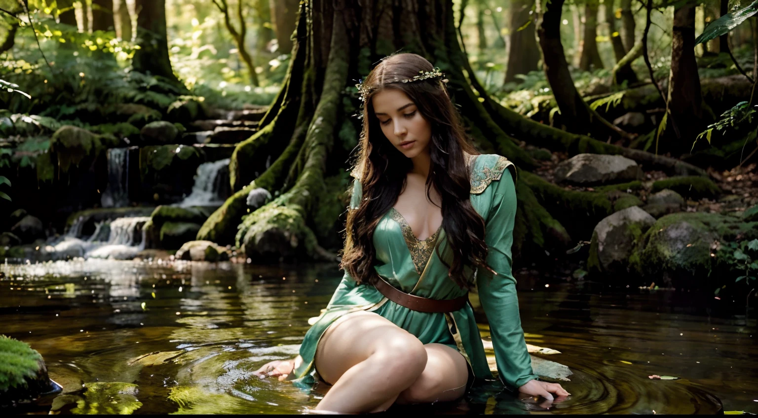 Gere uma imagem extremamente realista de Lirael, A young woman with an elven appearance. She is depicted in the midst of a setting that fits perfectly into the context of the story. The scene takes place on the edge of an ancient forest, with ancient trees that create a magical and mysterious environment.

Lirael wears enchanting elven robes that reflect the beauty and gracefulness of her race. Her long, elven hair, de um tom que lembra a meia-noite, cai em ondas suaves sobre seus ombros. His expression is serene, but determined, com olhos que revelam a profundidade de sua sabedoria e o brilho de sua juventude.

The scenery around you is painted with the golden hues of the setting sun that penetrate between the leaves of the ancient trees. The shadows and rays of the sun create a magical atmosphere, revelando detalhes da floresta, like water lilies in a serene stream and mosses on centuries-old trees.

The image should capture the beauty and grace of Lirael, as well as the magical aura of the elven forest. The lighting should be soft and bring out every detail, Maintaining impeccable image quality.