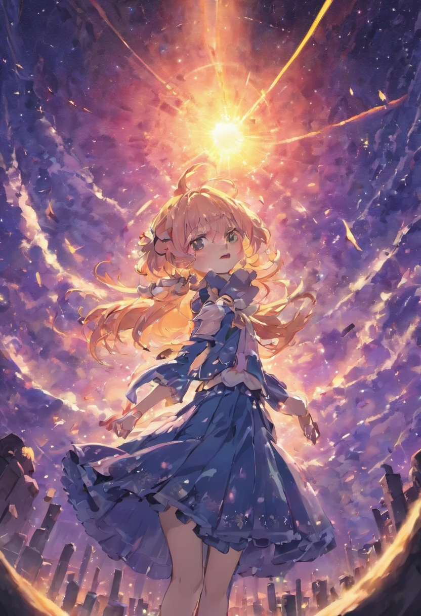 （​masterpiece、top-quality）、chies（ruins、Large amount of stained glass）、flower  field（amaryllis）、teens girl（Peach-colored bob hair、Jade-colored eyes、frilled blouse、Dark blue lace skirt、Flowers in the hands、A worried expression）、8K、Contre-Jour（Moon Night、Meteor swarm）